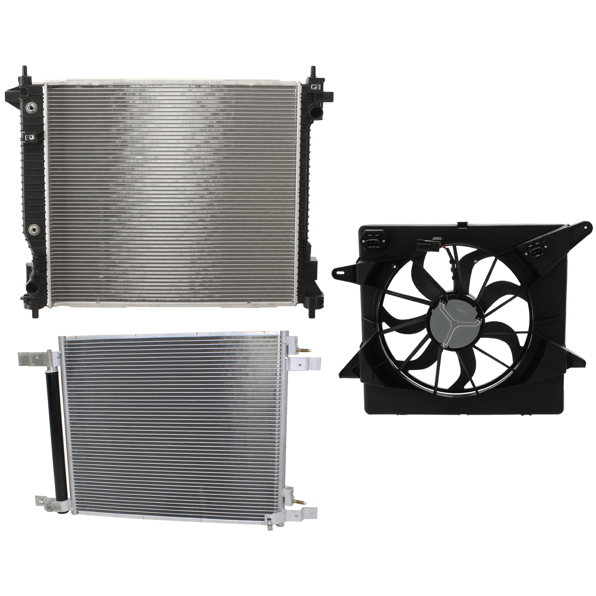 AM SRX 10-11 SRX 12-16 A C CONDENSER RADIATOR COOLING FAN KIT 3 pc kit 3.0L 3.6L Eng. 6 Cyl. SKU KIT 072724-130 Partslink GM3030294 GM3115234 GM3010549 OEM 22973655-20883034-23428314