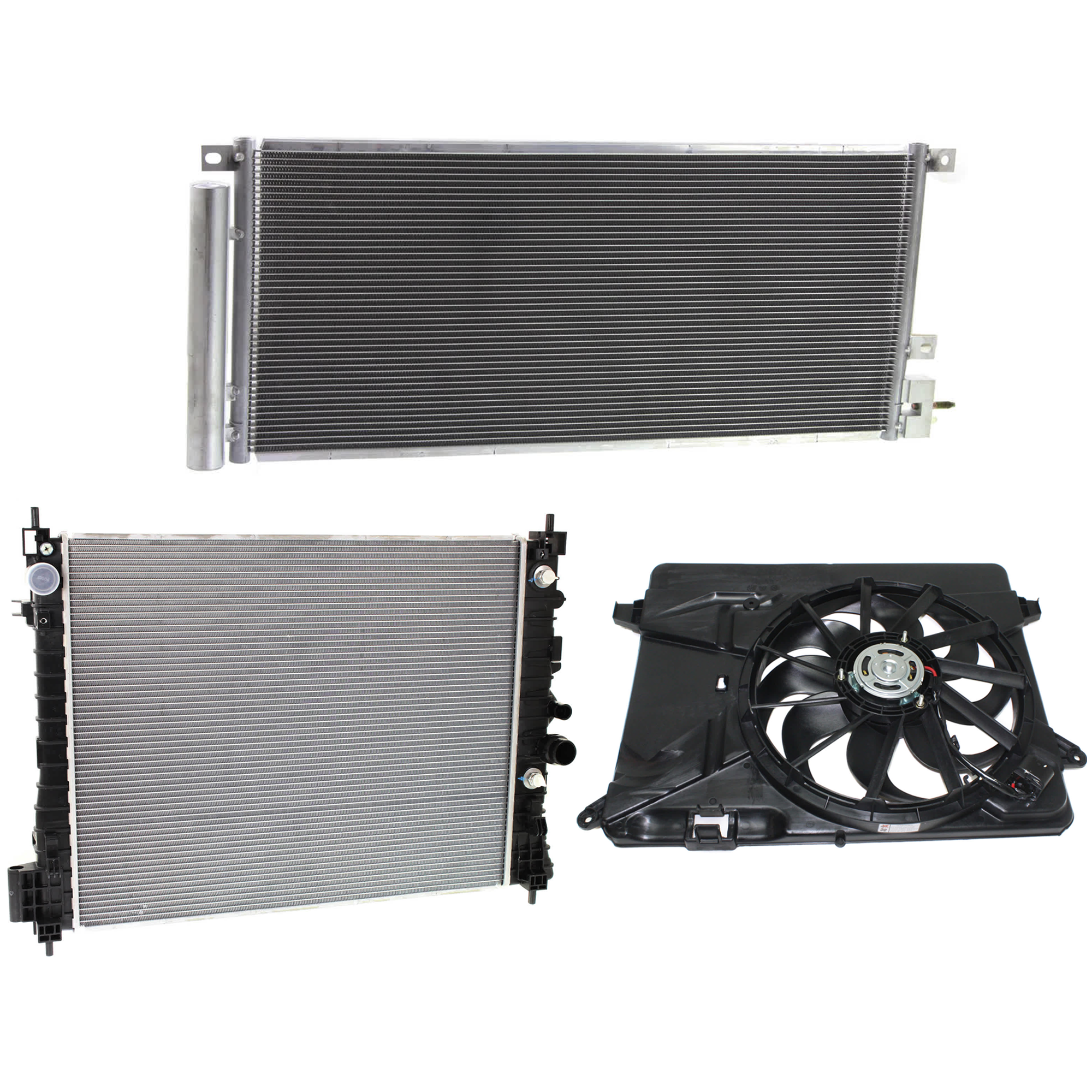 AM ENCORE 13-14 A C CONDENSER RADIATOR COOLING FAN KIT 3 pc kit 1.4L Eng. 4 Cyl. SKU KIT 072724-144 Partslink GM3030304 GM3115257 GM3010562 OEM 95321793-95301357-95026336-953