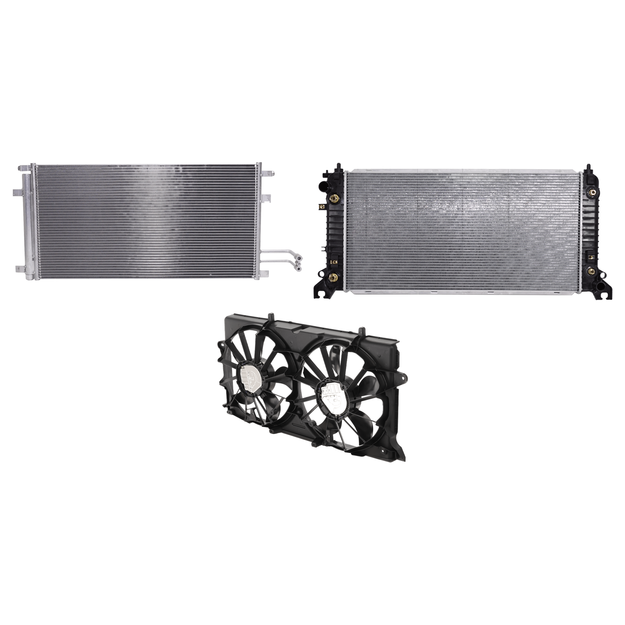 AM ESCALADE 16-17 YUKON 18-19 A C CONDENSER RADIATOR COOLING FAN KIT 3 pc kit 5.3L 6.2L Eng. 8 Cyl. SKU KIT 072724-147 Partslink GM3030306 GM3115291 GM3010582 OEM 23123635 PFM 23123633-23123634