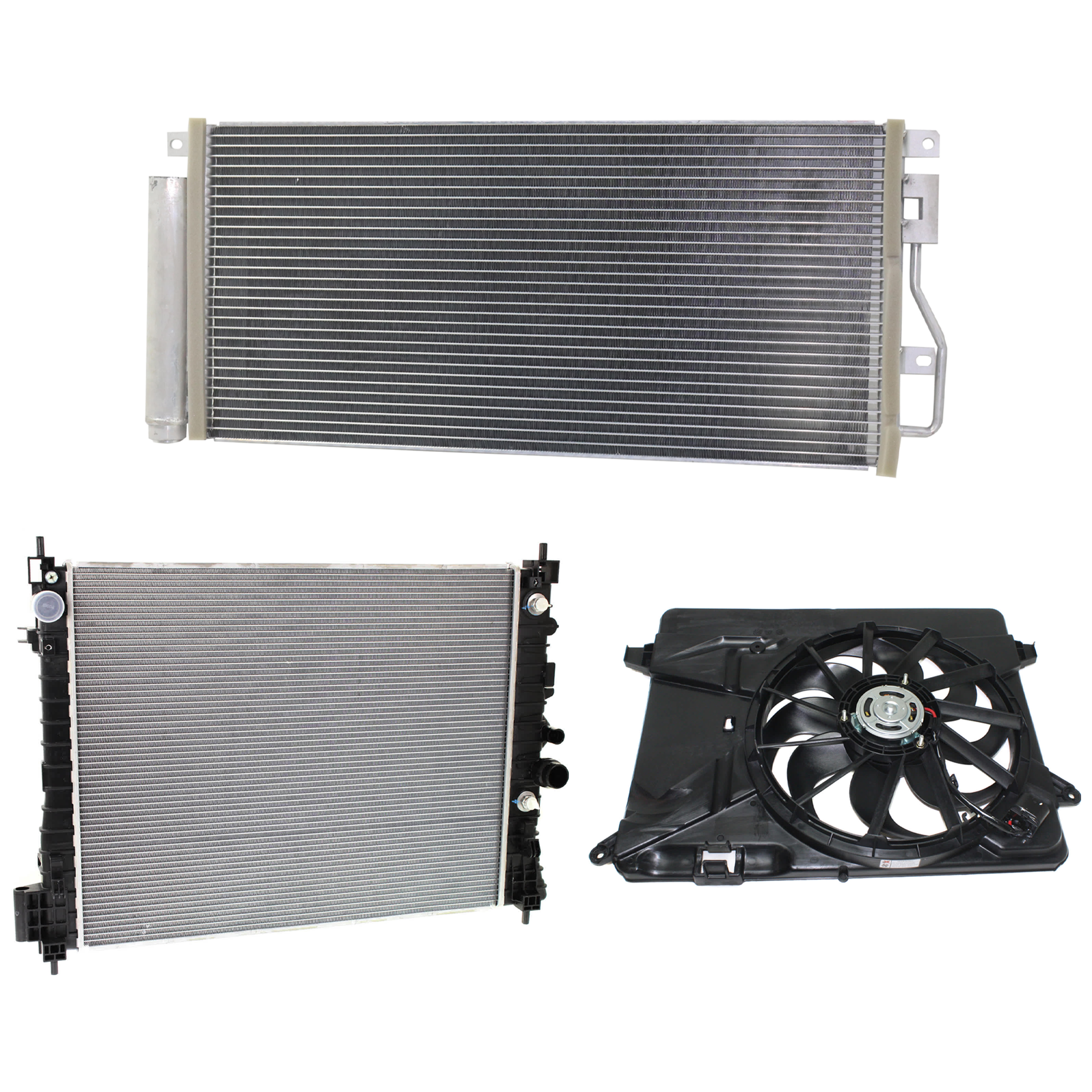 AM ENCORE TRAX 21-21 A C CONDENSER RADIATOR COOLING FAN KIT 3 pc kit 1.4L Eng. 4 Cyl. SKU KIT 072724-153 Partslink GM3030323 GM3115257 GM3010562 OEM 95410841-95301357-95026336-953