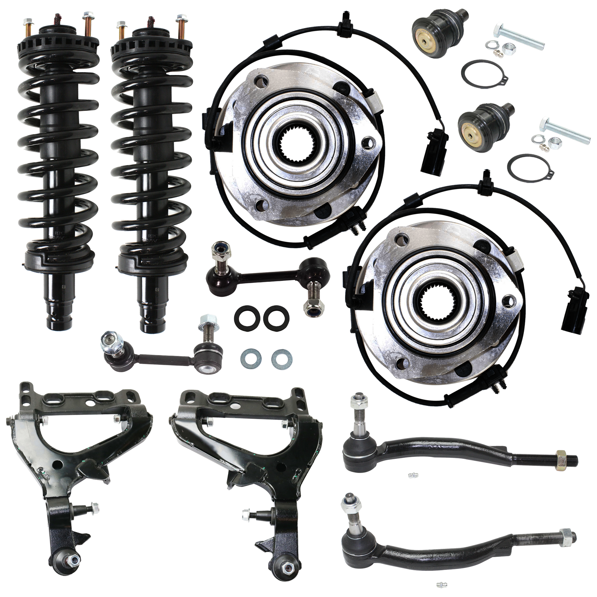 AM ASCENDER 04-08 RAINIER 04-07 FRONT SUSPENSION KIT RH AND LH 12 pc Kit with Control Arm Shock Absorber and Strut Assembly Wheel Hub Tie Rod End Sway Bar Link and Ball Joint SKU KIT 072724-69 OEM 104332-1017701-2601559-5001