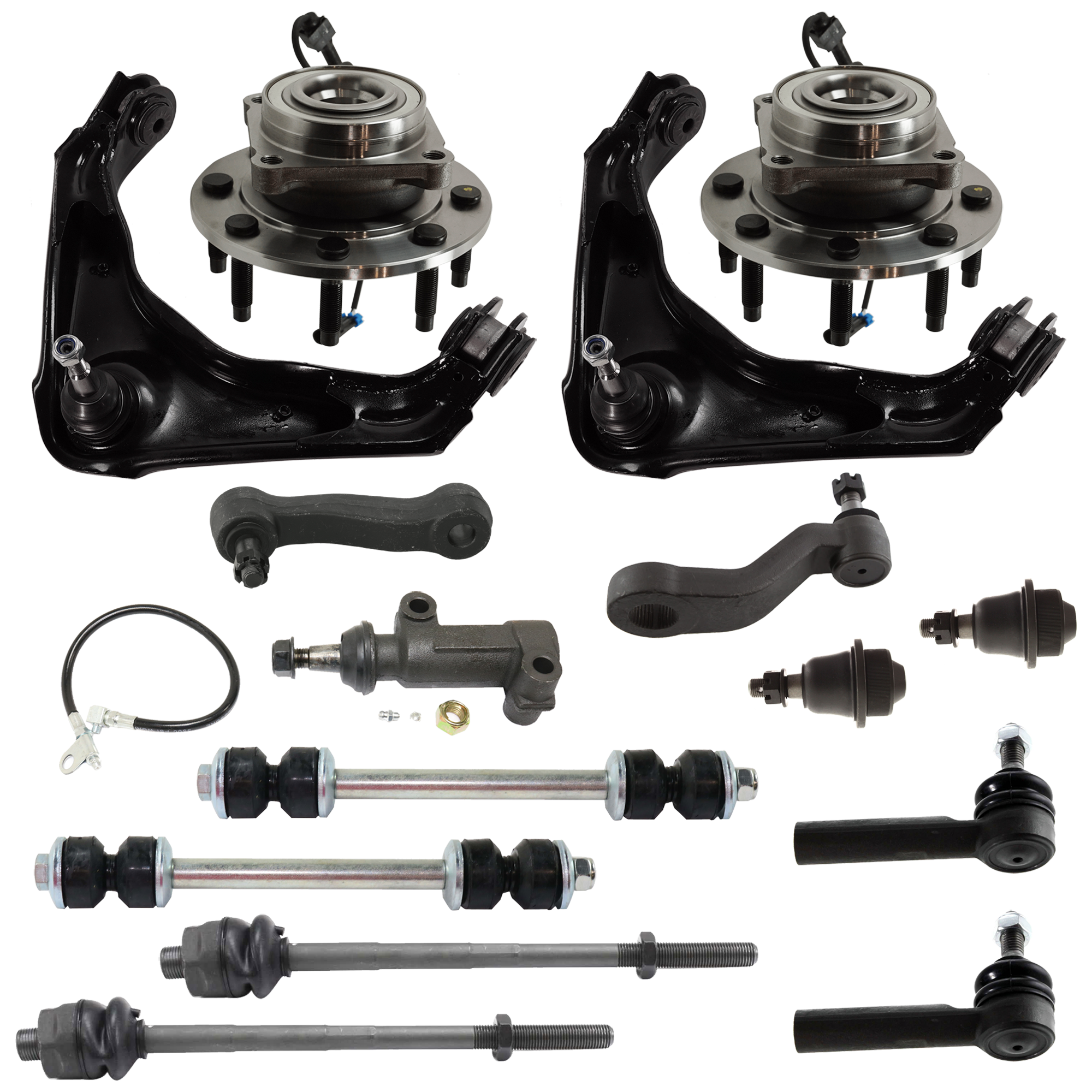 AM SILVERADO SILVERADO 01-06 FRONT SUSPENSION KIT 15 pc kit with Ball Joint Control Arm Idler Arm Idler Arm Bracket Pitman Arm Sway Bar Link Tie Rod End and Wheel Hub SKU KIT 072724-70 OEM 114327-2601529-2601654-5051