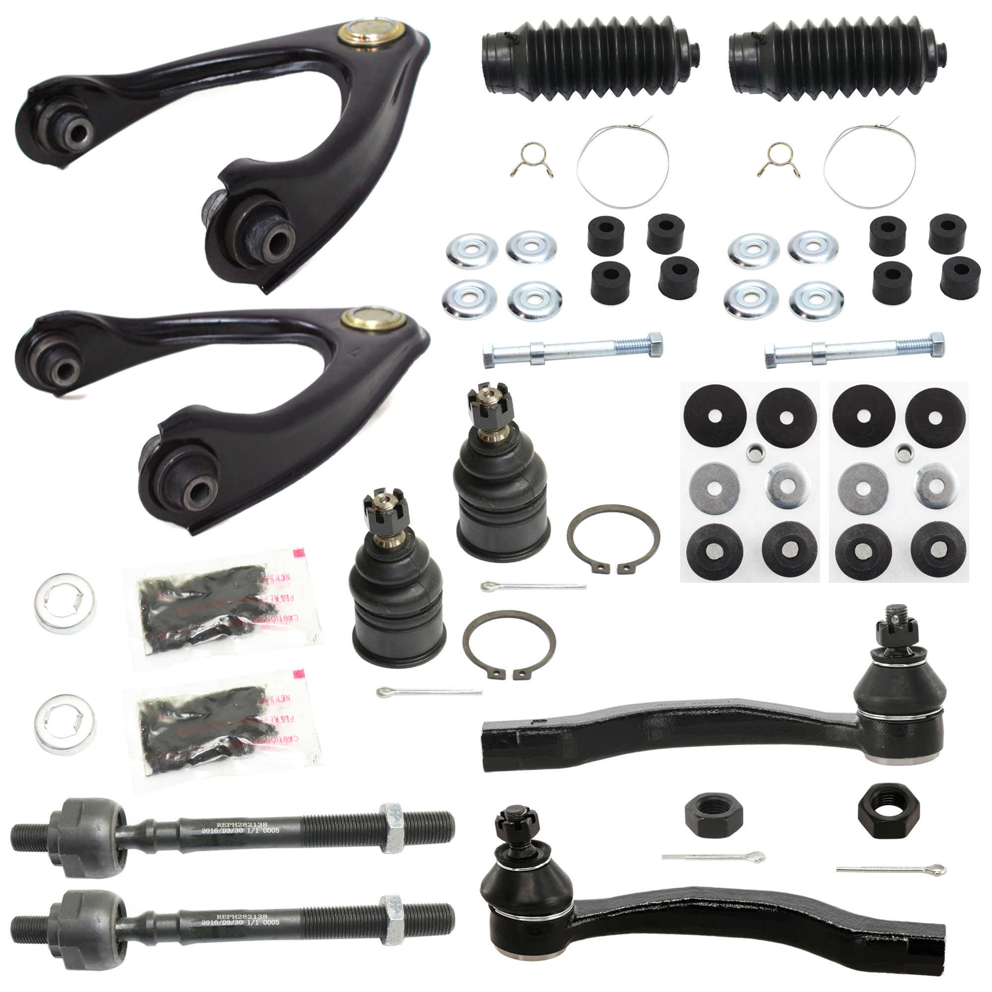 AM CIVIC 96-00 FRONT SUSPENSION KIT RH AND LH 14 pc Kit with Control Arm Steering Rack Boot Tie Rod End Ball Joint Strut Mount Bushing and Sway Bar Link SKU KIT 072724-72 OEM 104216-254007-1014786-2601427
