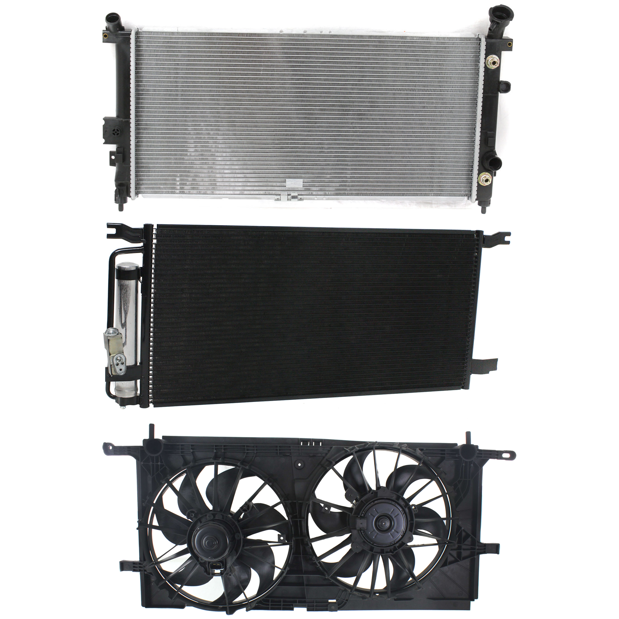 AM AZTEK 01-05 RENDEZVOUS 02-07 A C CONDENSER RADIATOR COOLING FAN KIT 3 pc kit 3.4L 3.5L Eng. 6 Cyl. SKU KIT 072724-88 Partslink GM3030147 GM3115137 GM3010213 OEM 10339103-10427858 PFM 25813509