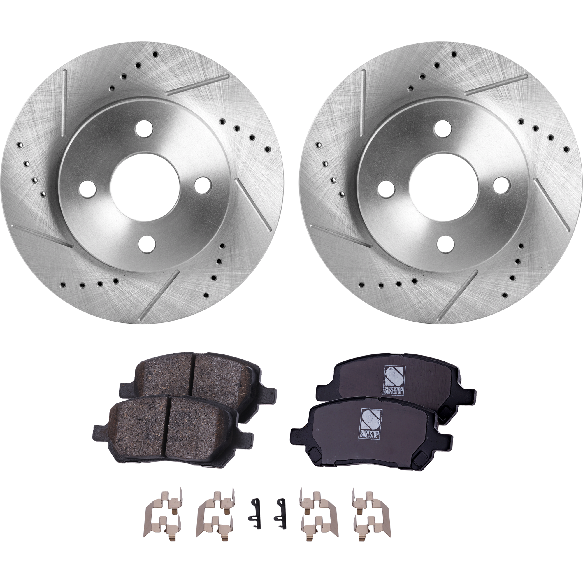 AM ION 03-07 COBALT 05-10 FRONT BRAKE DISC AND PAD KIT 4 pc kit Cross drilled and Slotted SKU KIT 072822-01 OEM 19344-41250-55083-55152-145419
