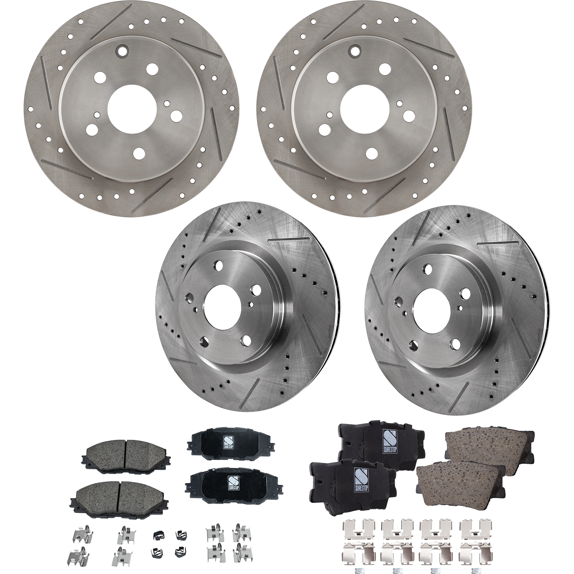 AM RAV4-06-18 FRONT AND REAR BRAKE DISC AND PAD KIT 8 pc kit Cross drilled and Slotted SKU KIT 072822-02 OEM 31443-44657-60407-0833294-9003
