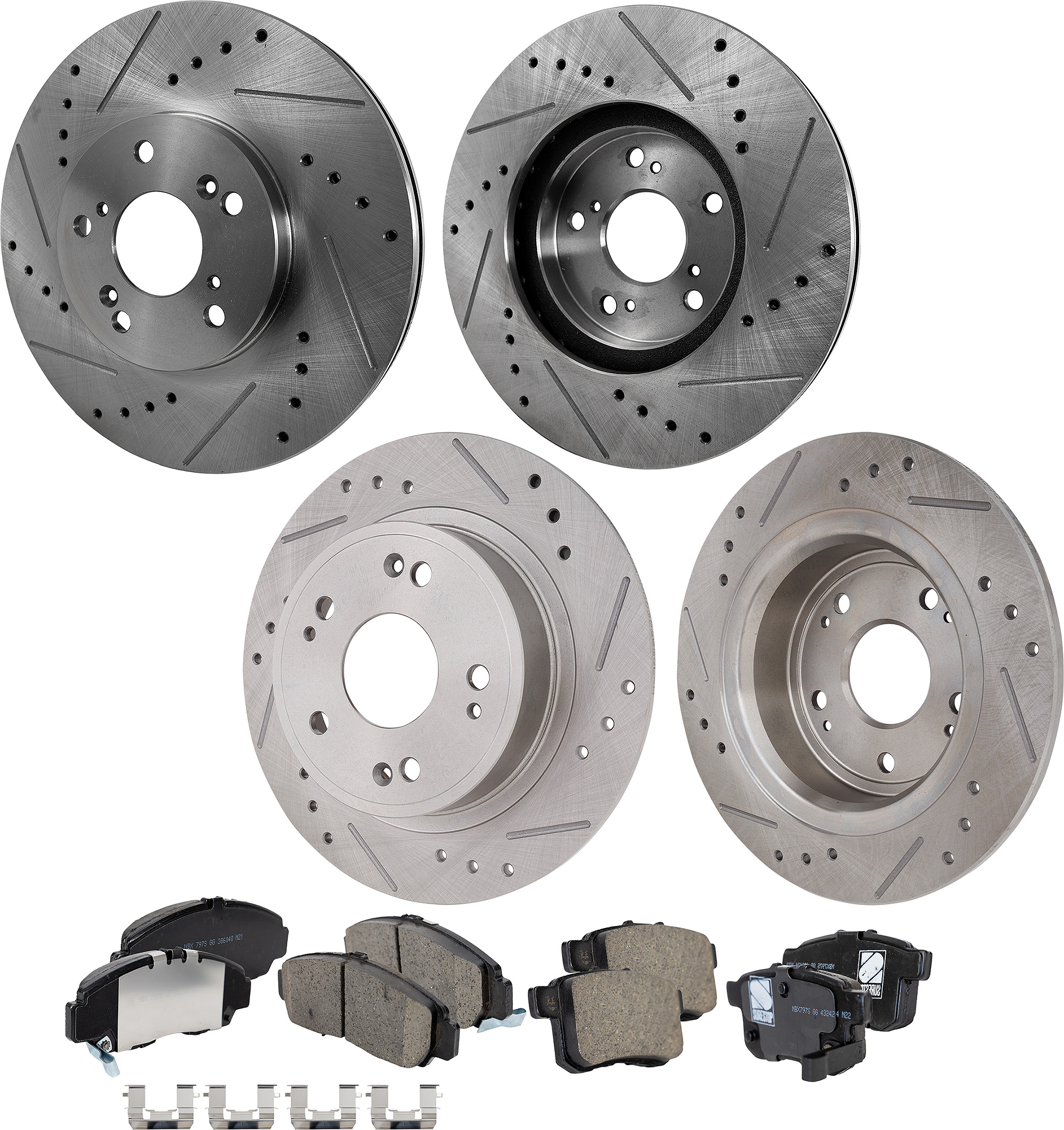 AM ACCORD 08-09 TSX 09-10 FRONT AND REAR BRAKE DISC AND PAD KIT 4 Wheel Set Cross drilled and Slotted SKU KIT 072822-04 OEM 19930-31275-31354-31519-96