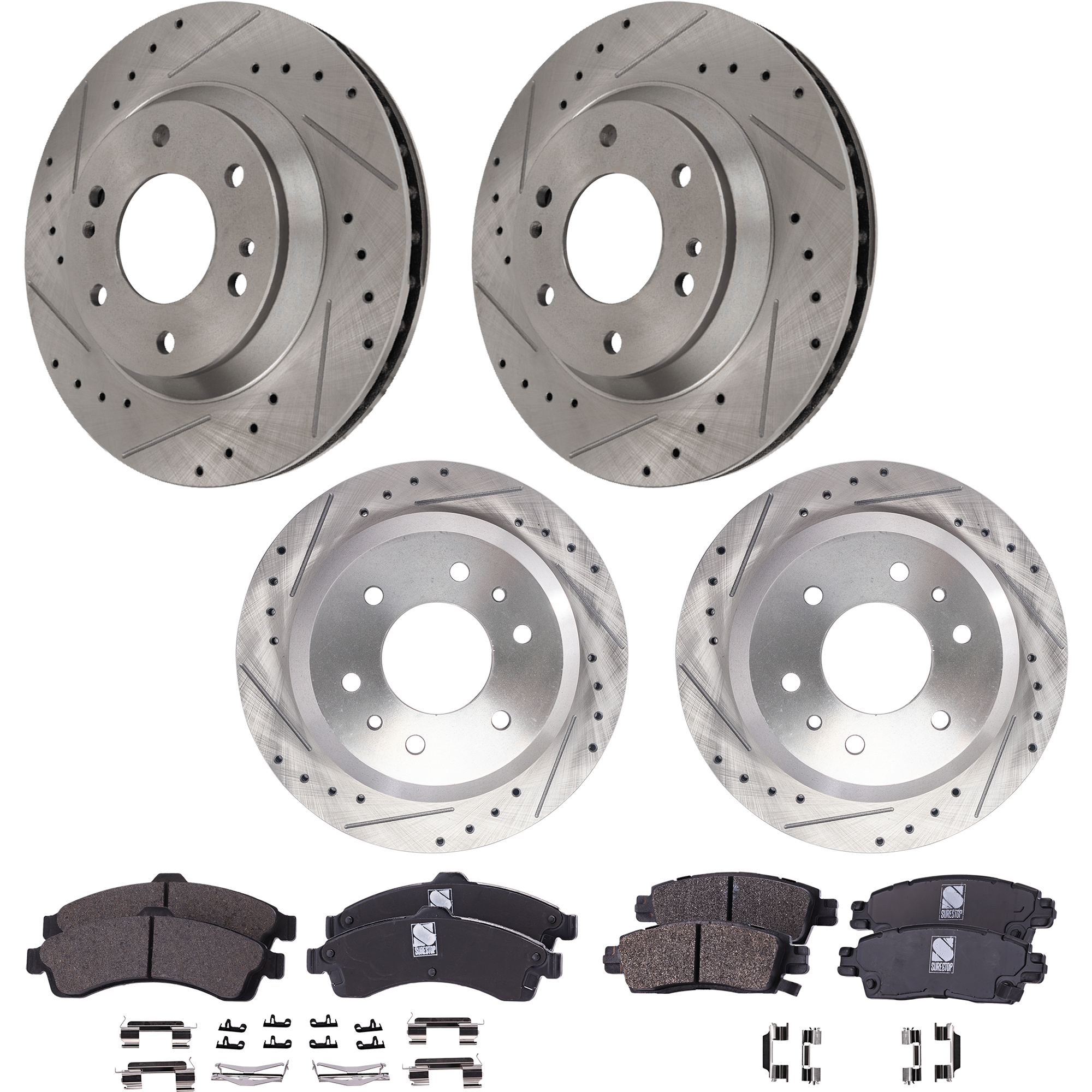 AM ENVOY TRAILBLAZER 02-05 FRONT AND REAR BRAKE DISC AND PAD KIT 8 pc kit Cross drilled and Slotted SKU KIT 072822-05 OEM 19943-55069-101757-145304-5800