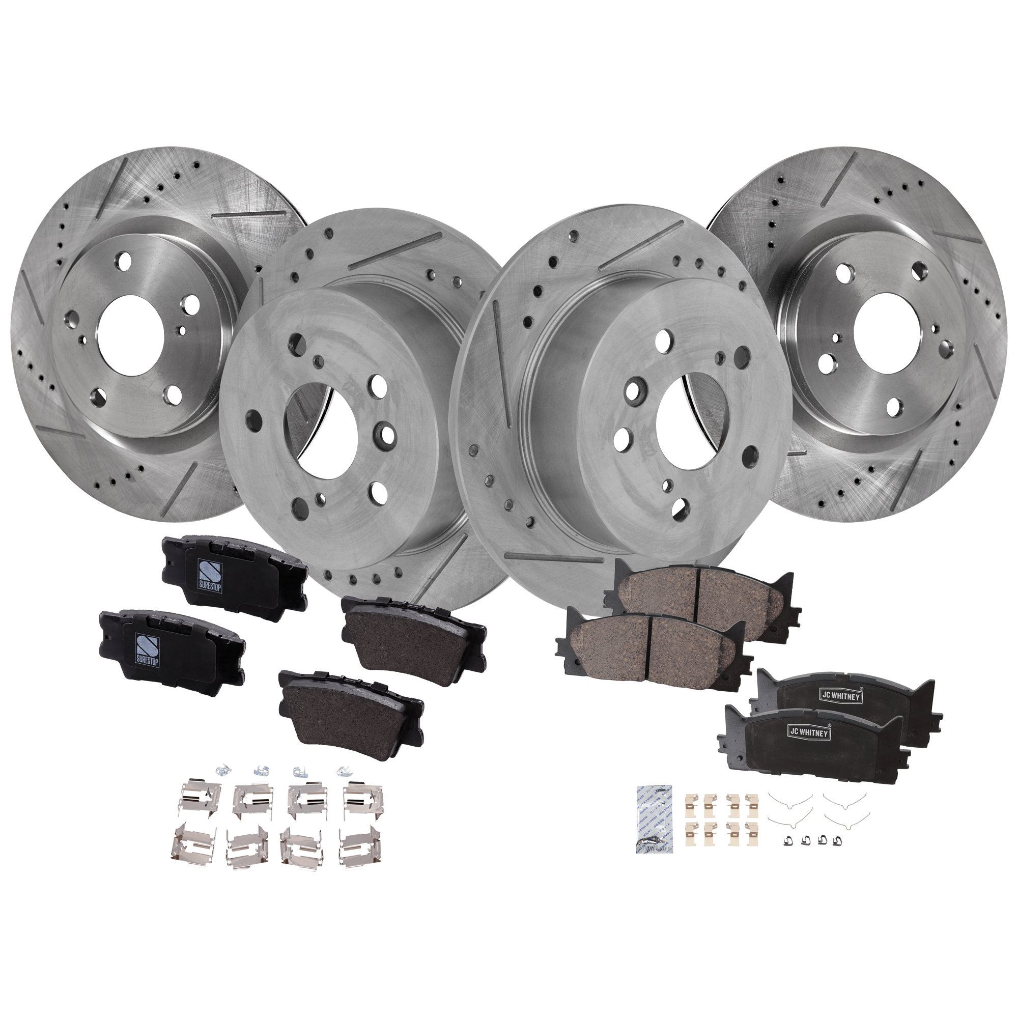 AM CAMRY 07-11 AVALON 08-12 FRONT AND REAR BRAKE DISC AND PAD KIT 8 pc kit Cross drilled and Slotted SKU KIT 072922-02 OEM 31433-44581-60389-145712-08331