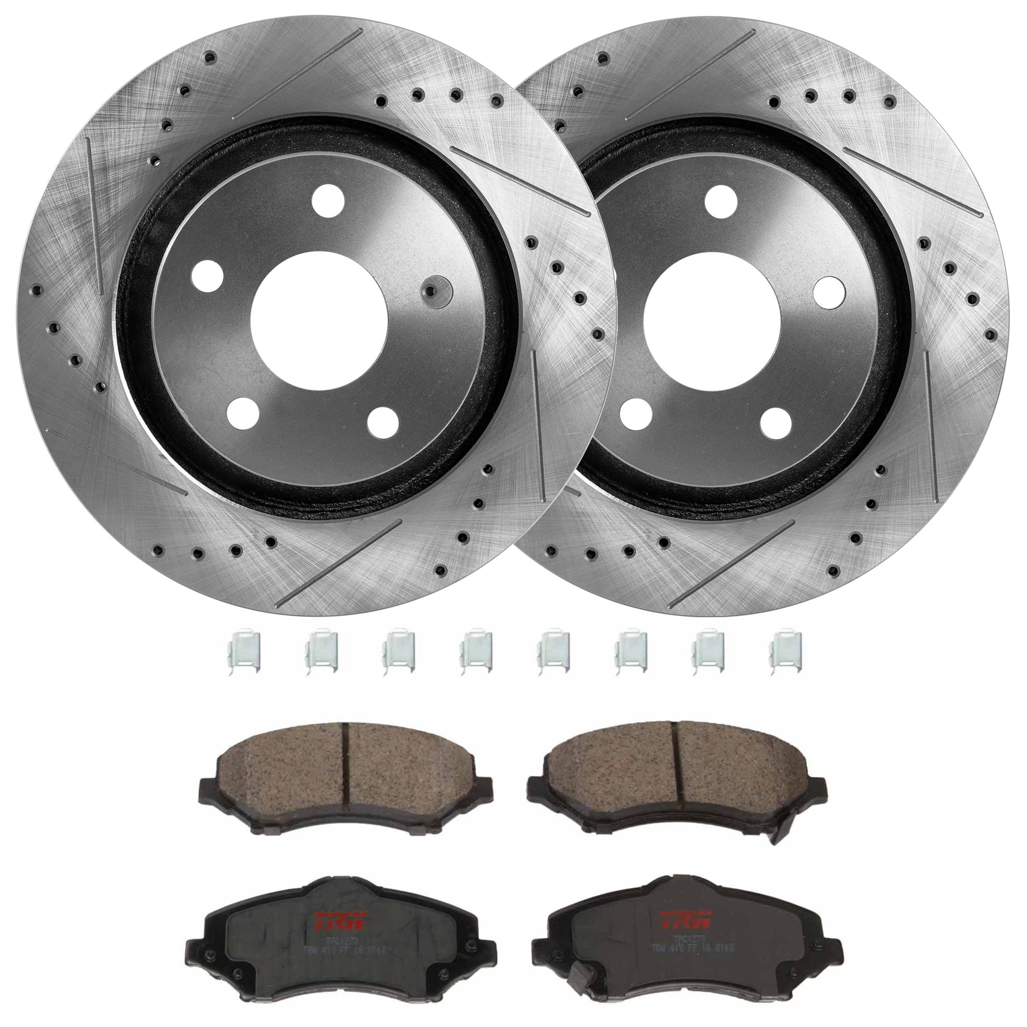 AM WRANGLER 07-17 FRONT BRAKE DISC AND PAD KIT 2 Wheel Set Cross drilled and Slotted 5 Lugs Semi Metallic with Brake Disc and Brake Pad Set SKU KIT 072924-2507 OEM 43204-850497-12158018-60042033