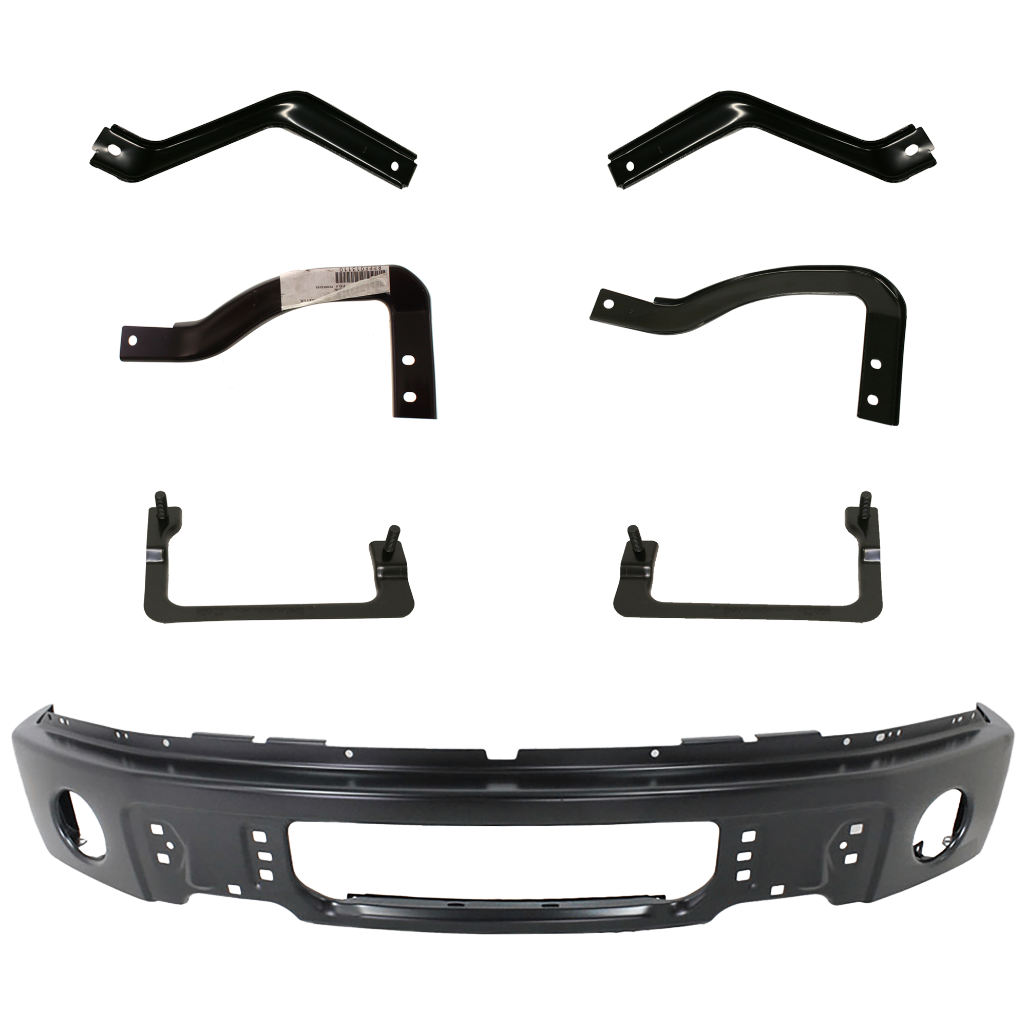 AM F 150 FRONT BUMPER 7 pc kit Powdercoated Black w Bumper Bracket SKU KIT 072924 C1013 Partslink FO1002413 FO1066179 FO1067179 FO1067178 FO1066178 FO1067181 FO1066181 OEM 9L3Z17757DPTM 9L3Z17755B 9L3Z1