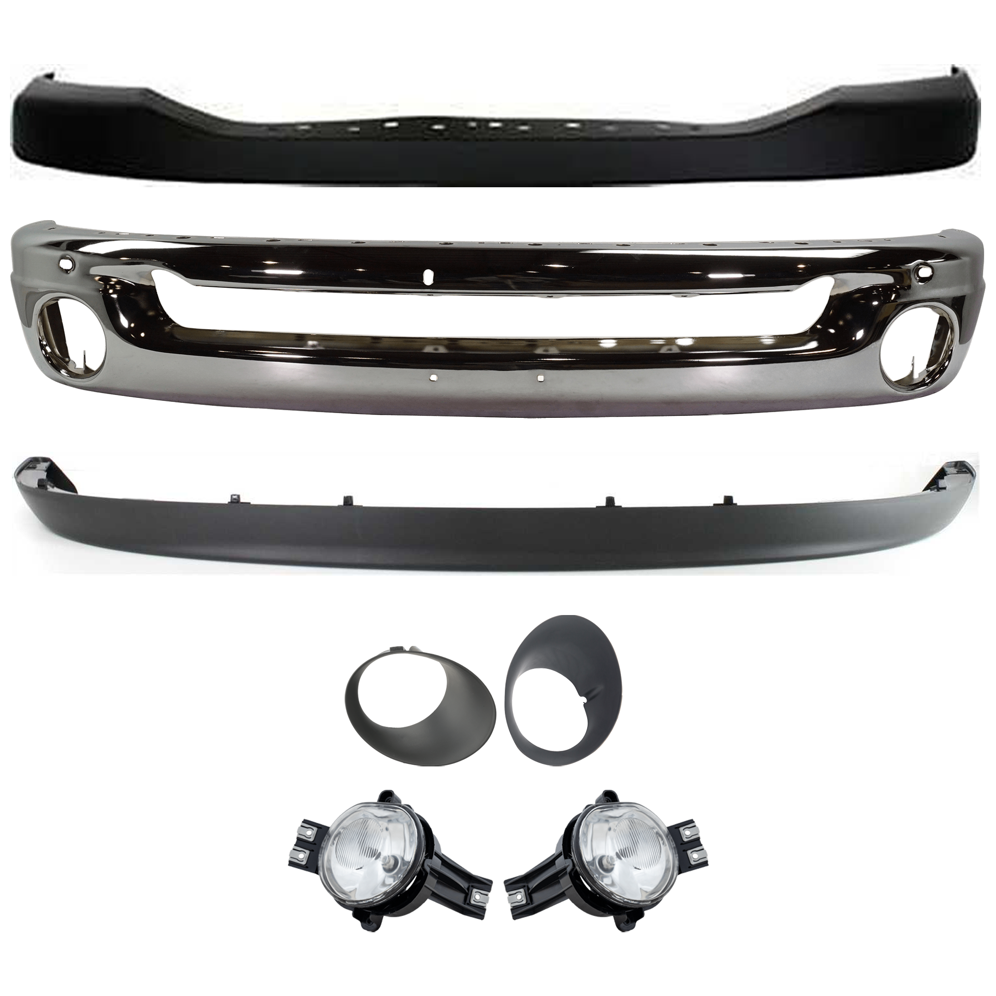 AM RAM 2500-3500-06-09 FRONT BUMPER 7 pc kit Chrome w Bumper Cover Valance Fog Light and Fog Light Trim SKU KIT 072924 C1016 Partslink CH1002383 CH1014100 CH2592121 CH2593121 CH2598101 CH2599101 CH1090125 OEM 55077946AB ZA17TZZAA 55077475A