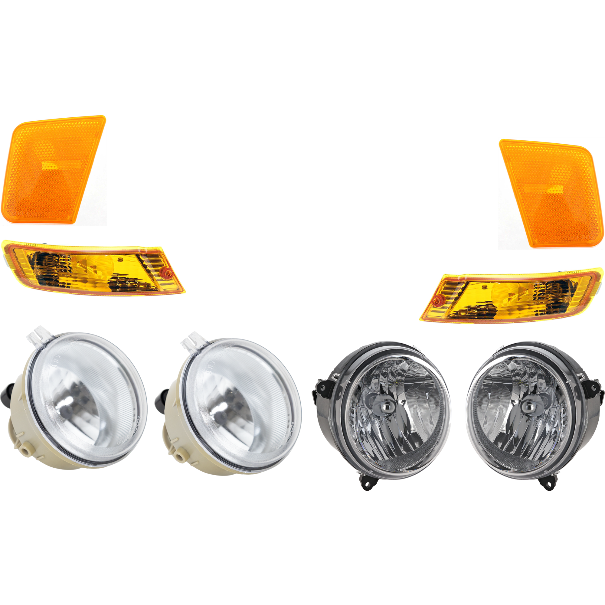 AM LIBERTY 05-07 FRONT FOG LAMP RH AND LH 8 pc kit Assembly Halogen with Headlight Side Marker and Turn Signal Light SKU KIT 072924 C1020 Partslink CH2592136 CH2503156 CH2502156 CH2550123 CH2520143 CH2521143 OEM 55156866AA 55157140AA 55157141