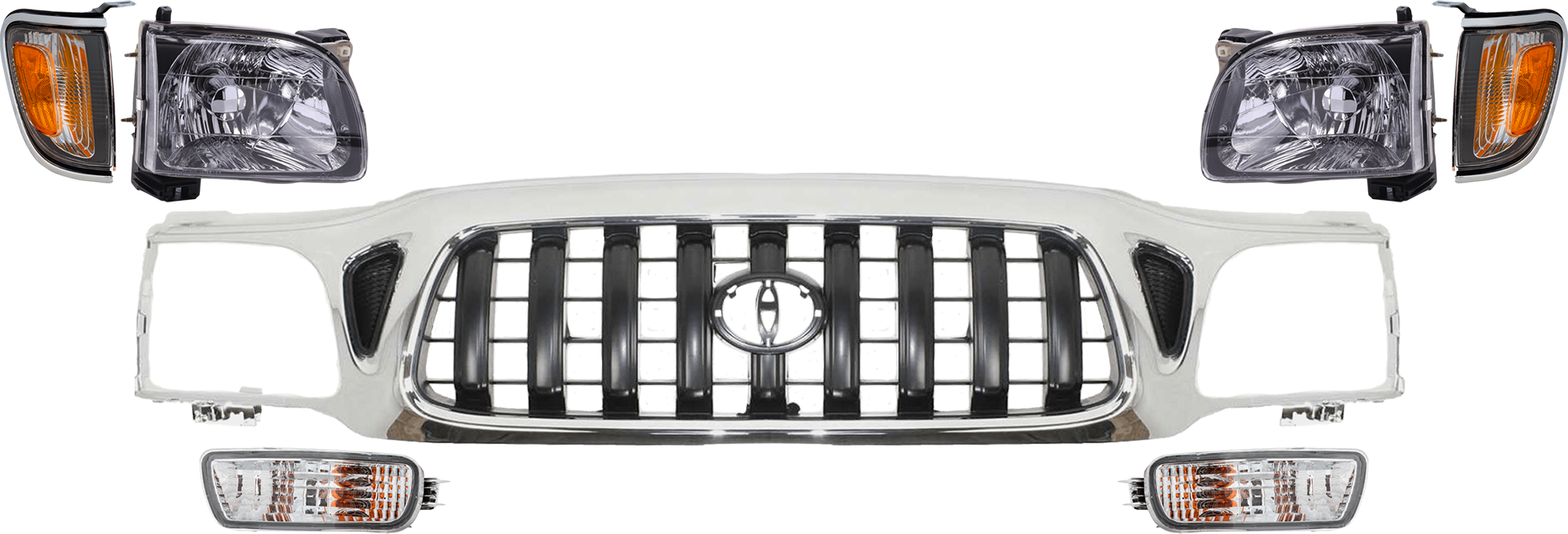AM TACOMA 01-04 GRILLE 7 pc Kit Chrome Shell Painted Dark Gray Insert w o S Runner Model 4WD SKU KIT 072924 C1031 Partslink TO1200248 TO2520161 TO2521161 TO2503136 TO2502136 TO2530140 TO2531140 OEM 5310004240-8162004080-81610040