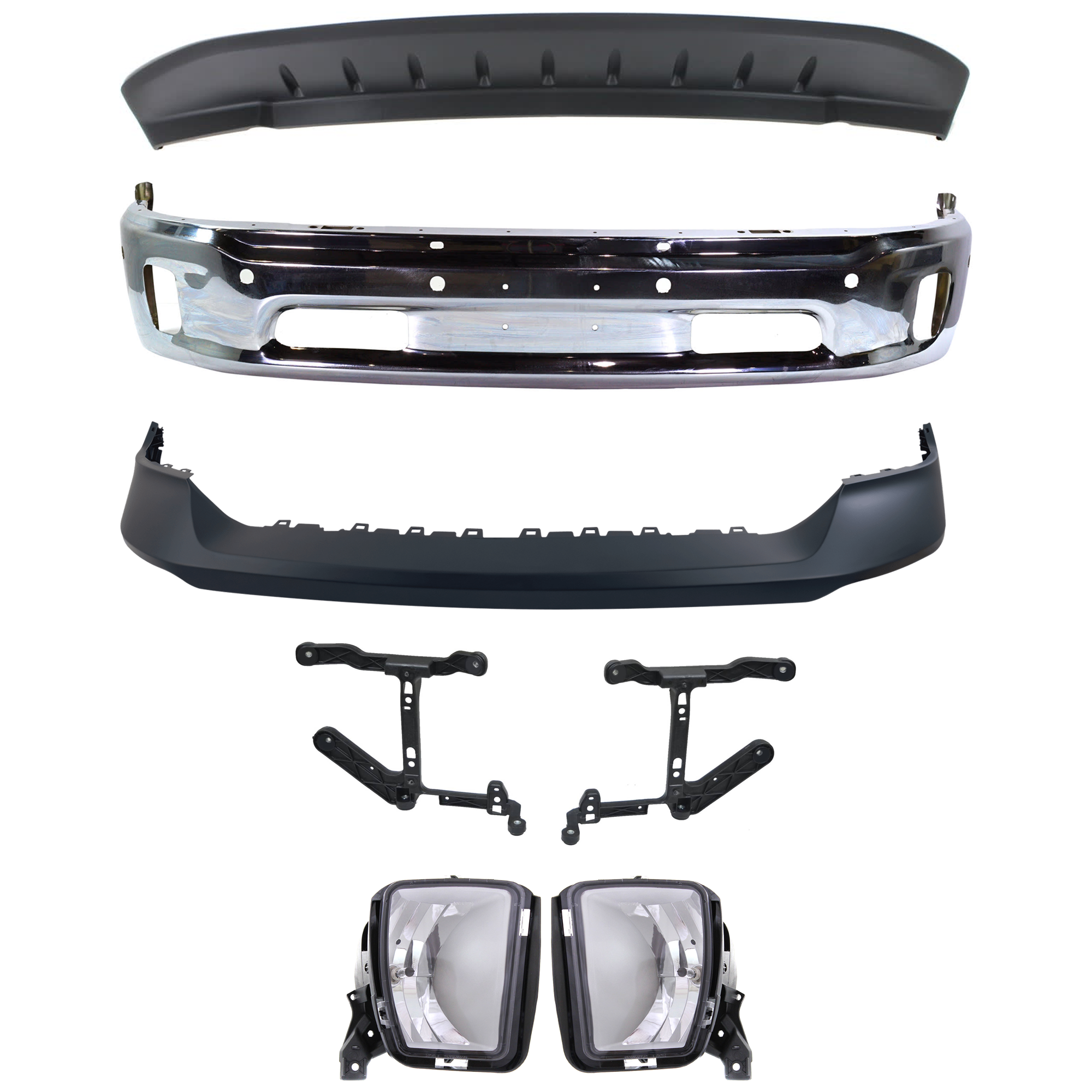 AM RAM 1500-14-18 FRONT BUMPER Lower Chrome 7 pc Kit with Bumper Bracket and Cover Fog Lights and Valance Includes 19-22-1500 Classic SKU KIT 072924 C113 Partslink CH1002402 CH1061108 CH1014108 CH2593147 CH2592147 CH1090147 OEM 68160857AA 68232454AA 68197697