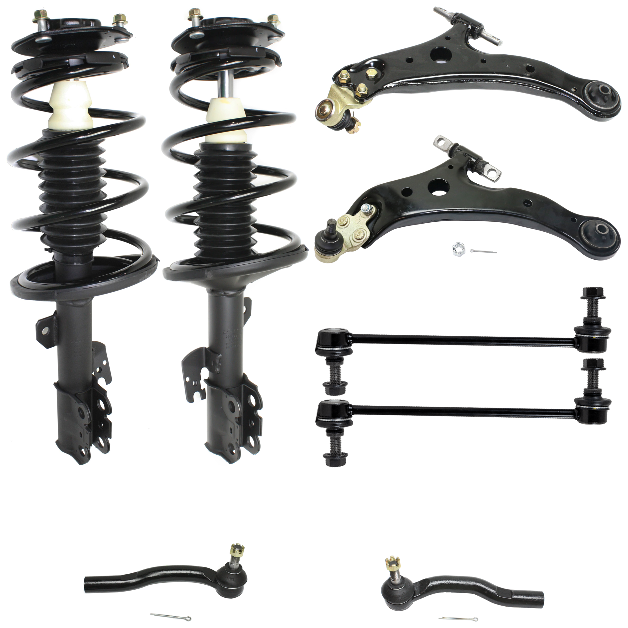AM CAMRY ES300-02-03 FRONT FULLY LOADED STRUT RH AND LH 8 pc kit Gas Charged Twin tube with Control Arm Sway Bar Link and Tie Rod End SKU KIT 072924 C1172 OEM 4853039795-48510A9190-48540394