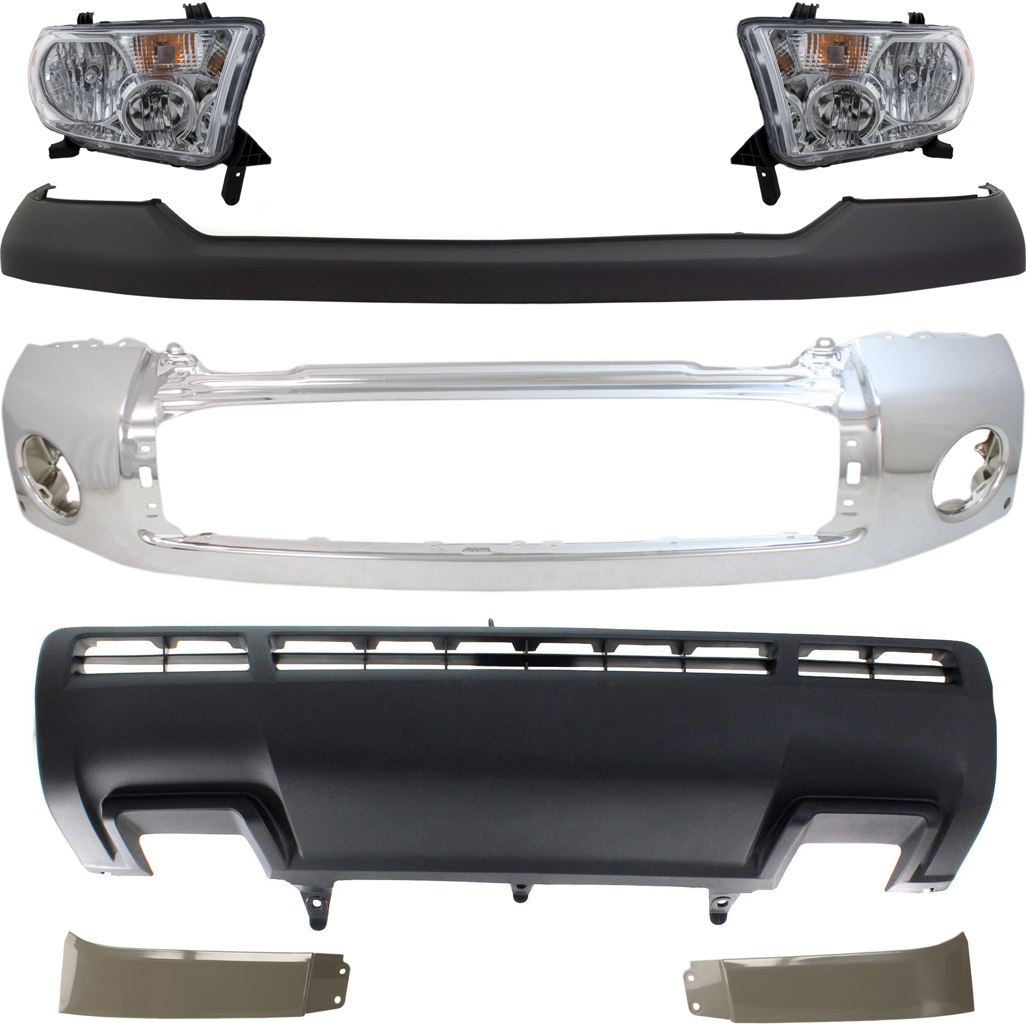 AM TUNDRA 10-13 FRONT BUMPER 7 pc kit w Valance Headlight Bumper Cover and Headlight Filler SKU KIT 072924 C1184 Partslink TO1002181 TO1014100 TO2503171 TO2502171 TO1243100 TO1242100 TO1095202 OEM 521110C901-521290C901-811100C0