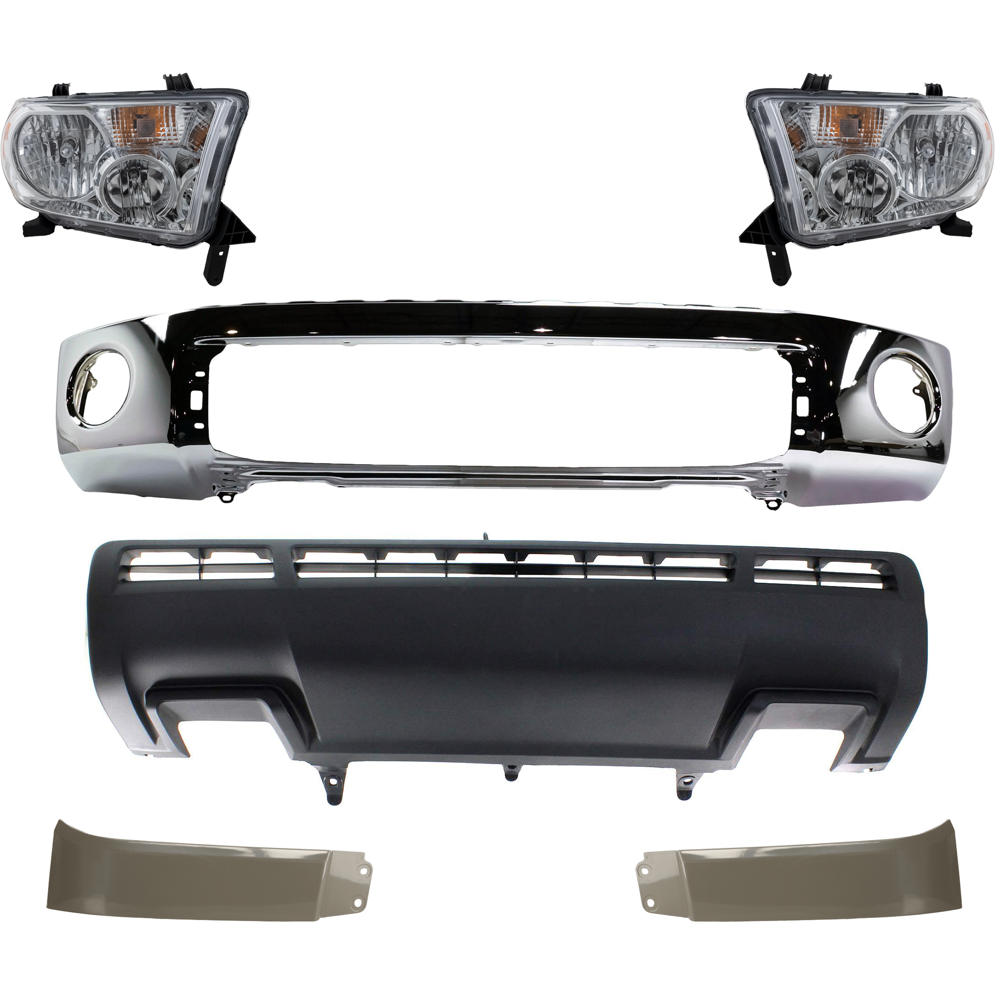 AM TUNDRA 10-13 FRONT BUMPER 7 pc kit w Valance Headlight Bumper Cover and Headlight Filler SKU KIT 072924 C1186 Partslink TO1002182 TO1014100 TO2503171 TO2502171 TO1243100 TO1242100 TO1095202 OEM 521110C021-521290C901-811100C0
