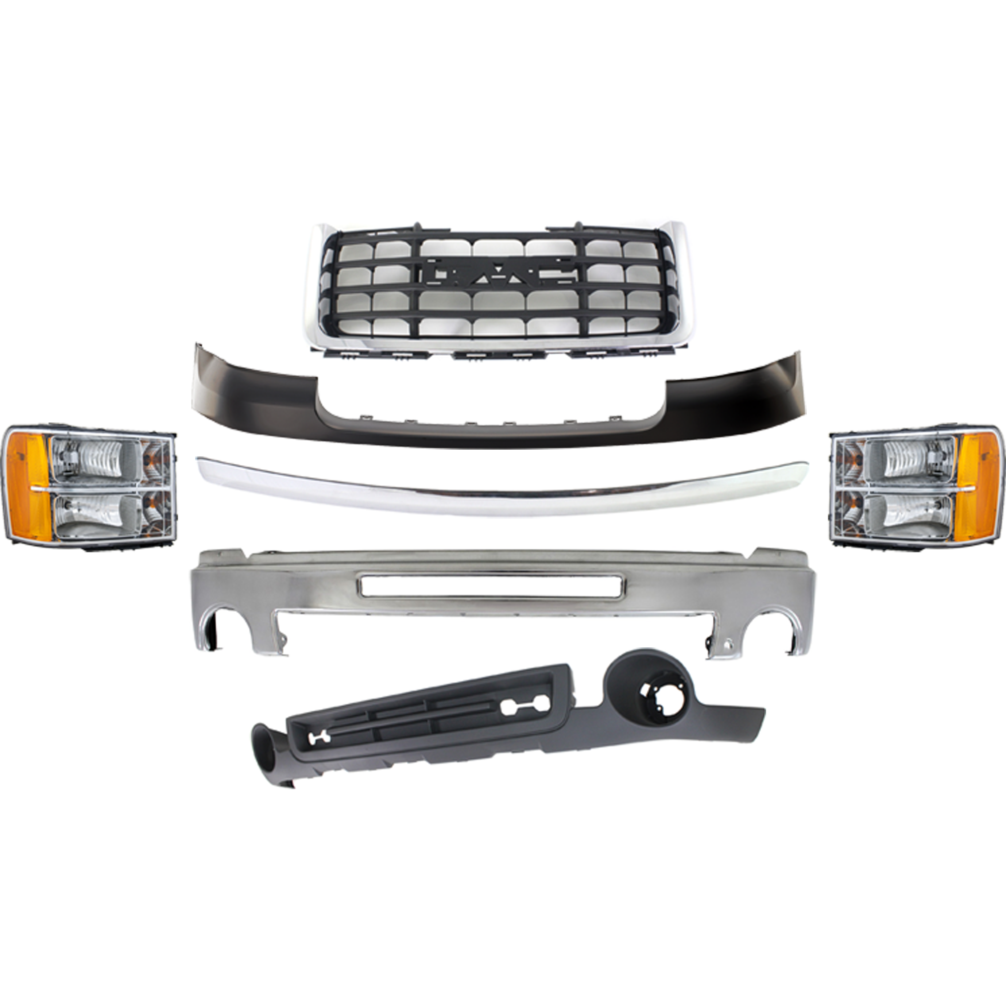 AM SIERRA 2500-3500 HD FRONT BUMPER 7 pc kit w Grille Assembly Headlight Bumper Cover Valance and Hood Molding SKU KIT 072924 C1200 Partslink GM1002834 GM1000873 GM1200613 GM2503283 GM2502283 GM1235109 GM1092218 OEM 15902856-25783597-25825523-228
