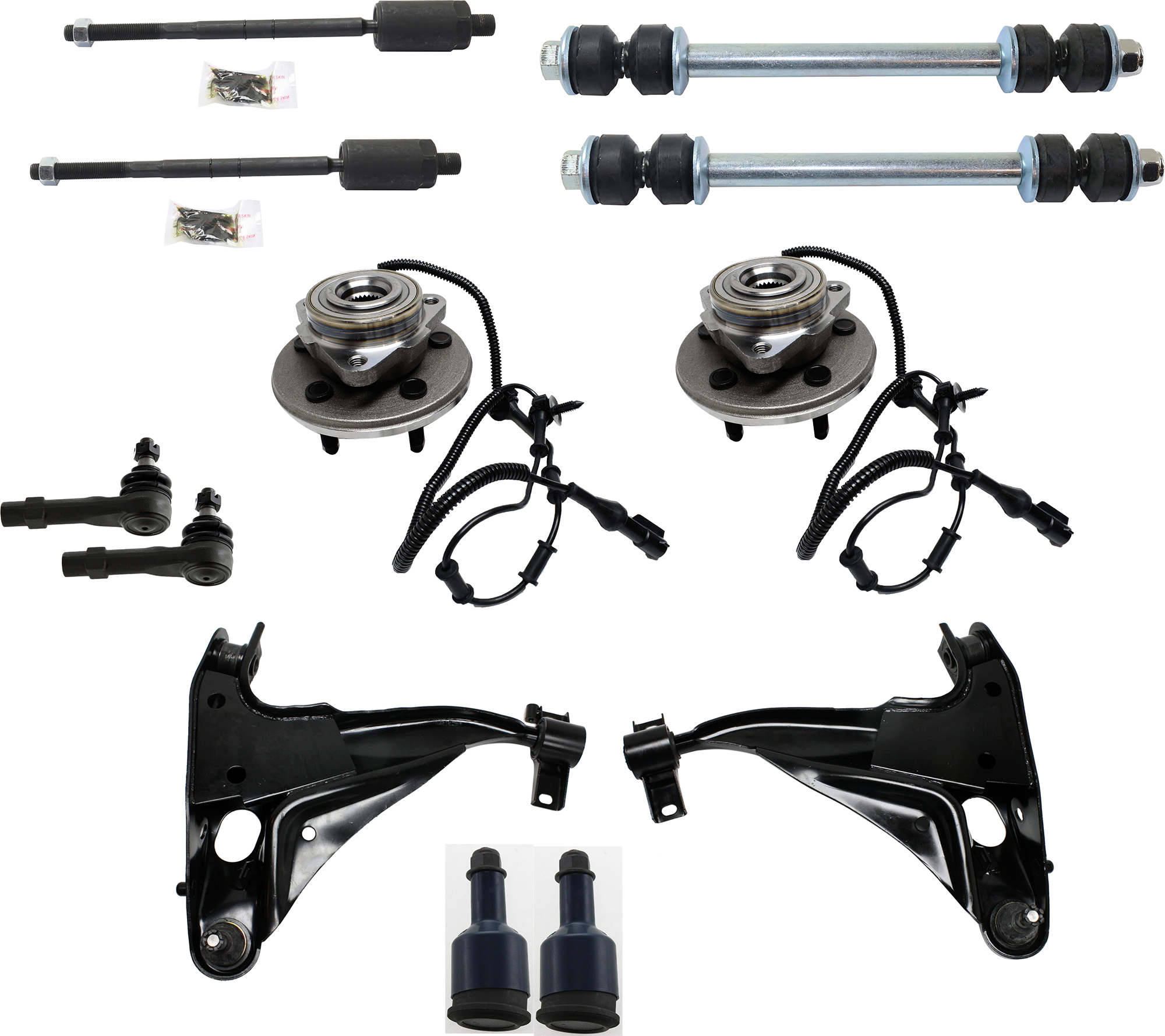 AM EXPLORER MOUNTAINEER 02-03 FRONT CONTROL ARM RH AND LH w ball joint s 12 pc Kit with Wheel Hub Tie Rod End Ball Joint Sway Bar Link SKU KIT 072924 C1216 OEM 2L2Z3078AA MCS0E14-2L2Z3079A