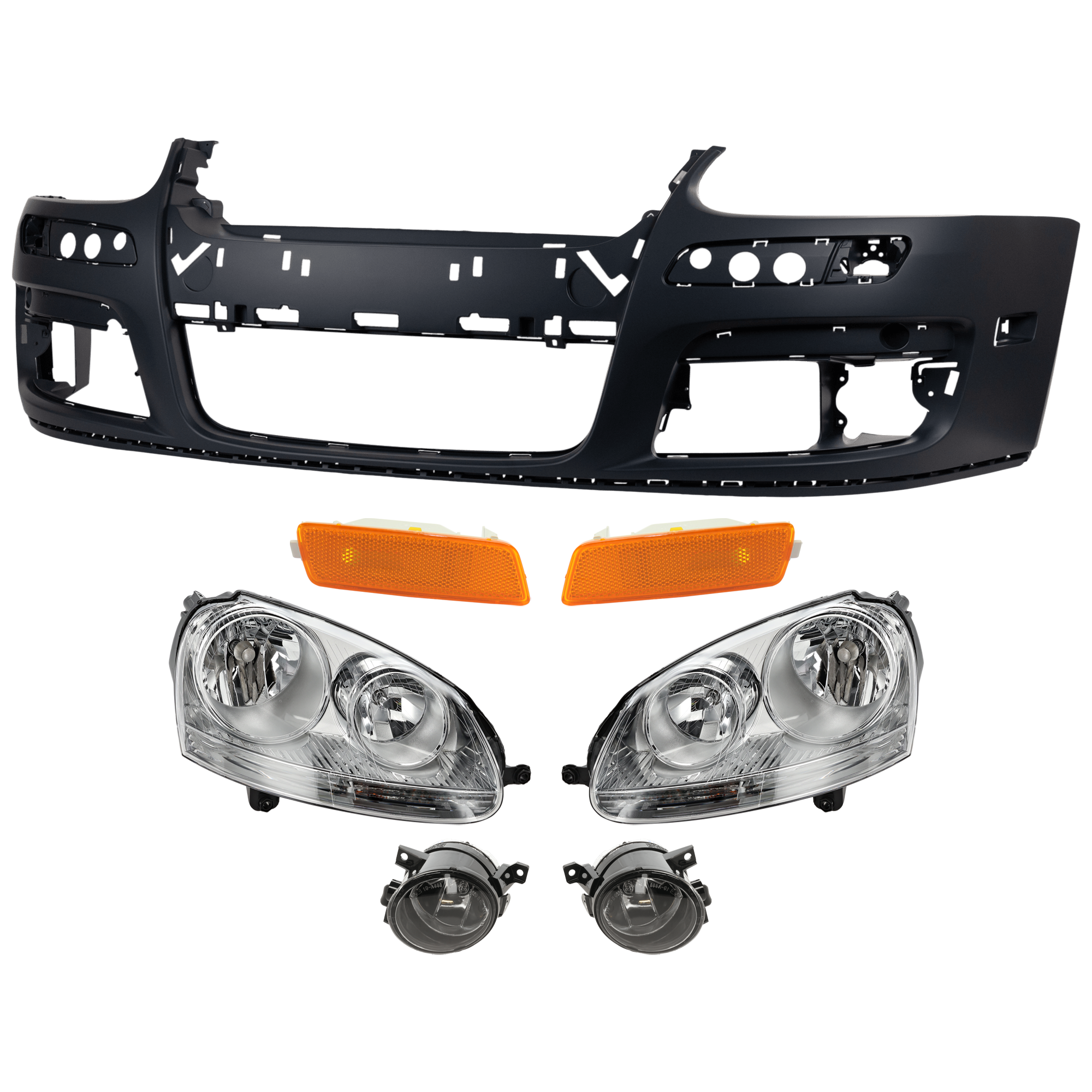 AM JETTA 06-10 HEAD LAMP RH AND LH 7 pc kit Assembly Halogen with Bumper Cover Fog Light and Side Marker SKU KIT 072924 C1225 Partslink VW2502127 VW2503127 VW1000161 VW2593110 VW2592110 VW2530108 VW2531108 OEM 1K6941005S 1K6941006S 1K080721