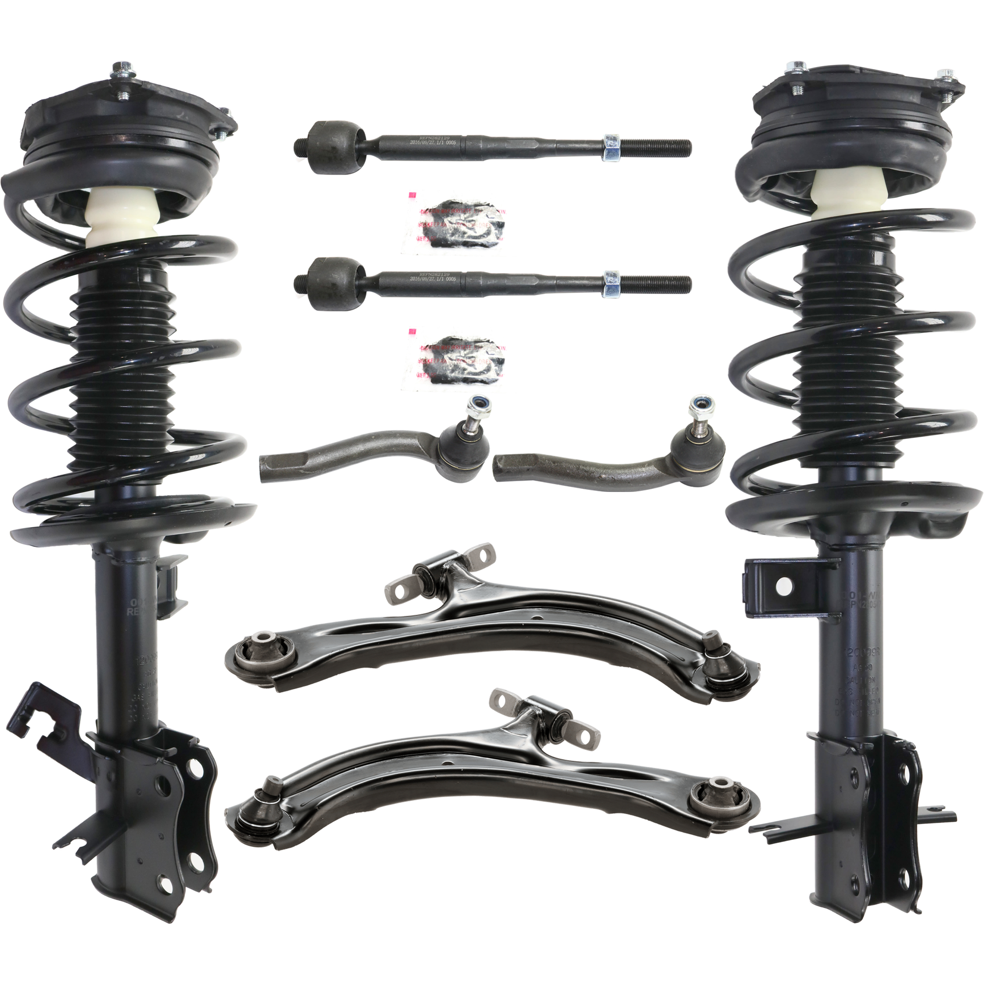 AM SENTRA 07-12 FRONT FULLY LOADED STRUT RH AND LH 8 pc kit with Control Arms and Tie Rod Ends SKU KIT 072924 C1227 Partslink NI4522100 OEM E4302ET00B E4302ZJ60A E4303ET0