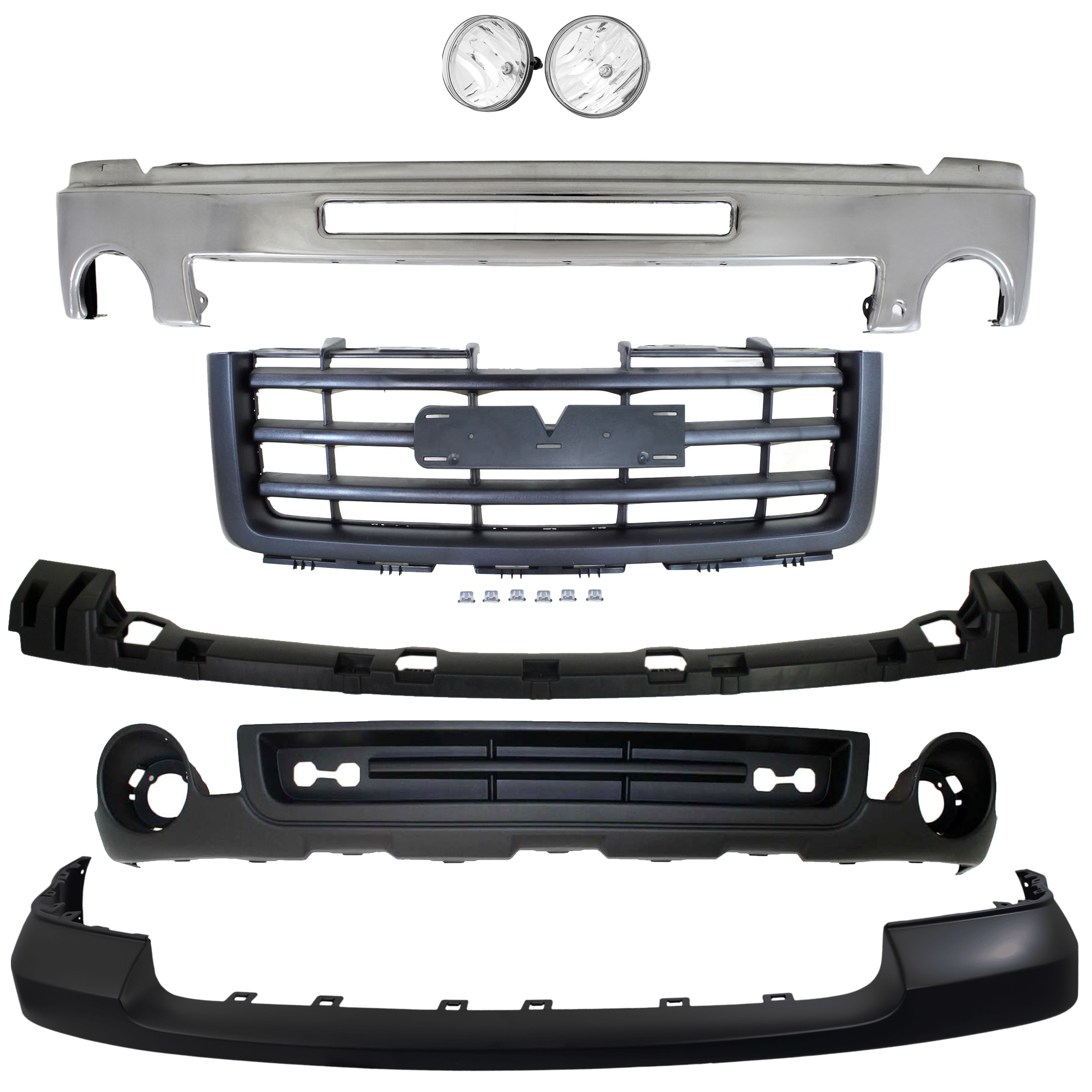 AM SIERRA 1500-07-13 FRONT BUMPER 7 pc kit Grille Assembly Bumper Cover Fog Light Bumper Bracket and Valance SKU KIT 072924 C1247 Partslink GM1002834 GM1065108 GM1014103 GM2593161 GM2592161 GM1200583 GM1015100 OEM 15902856-15246822-25783617-258