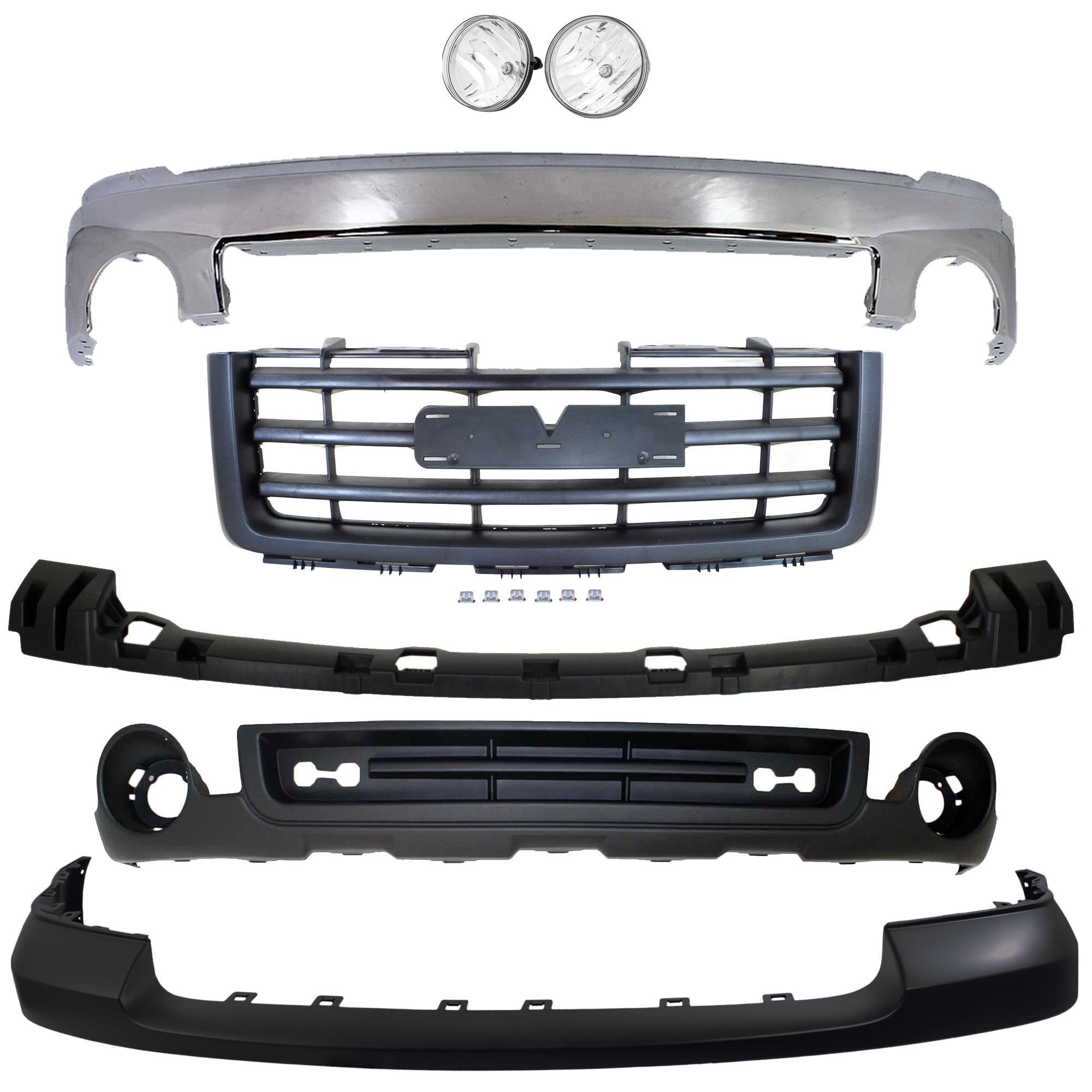AM SIERRA 1500-07-13 FRONT BUMPER 7 pc kit Grille Assembly Bumper Cover Fog Light Bumper Bracket and Valance SKU KIT 072924 C1248 Partslink GM1002833 GM1065108 GM1014103 GM2593161 GM2592161 GM1200583 GM1015100 OEM 15901505-15246822-25783617-258