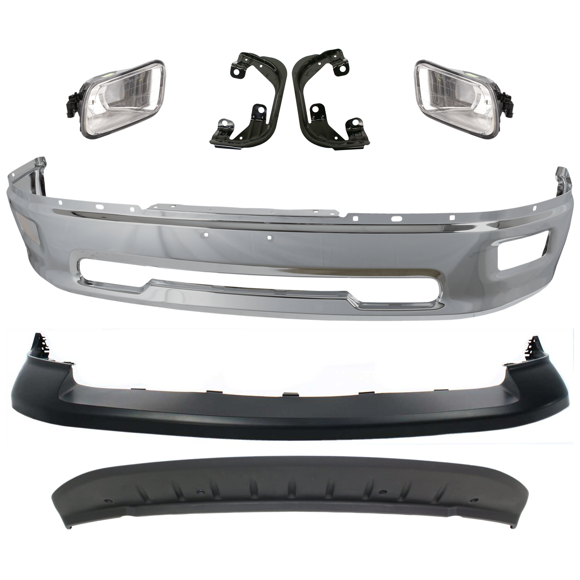 AM RAM 1500-09-12 FRONT BUMPER 7 pc kit w Bumper Cover Valance Fog Light and Fog Light Bracket SKU KIT 072924 C1254 Partslink CH1002386 CH1014101 CH1061100 CH1090133 OEM 55112609AA 68206067AA 1JL39TZZ