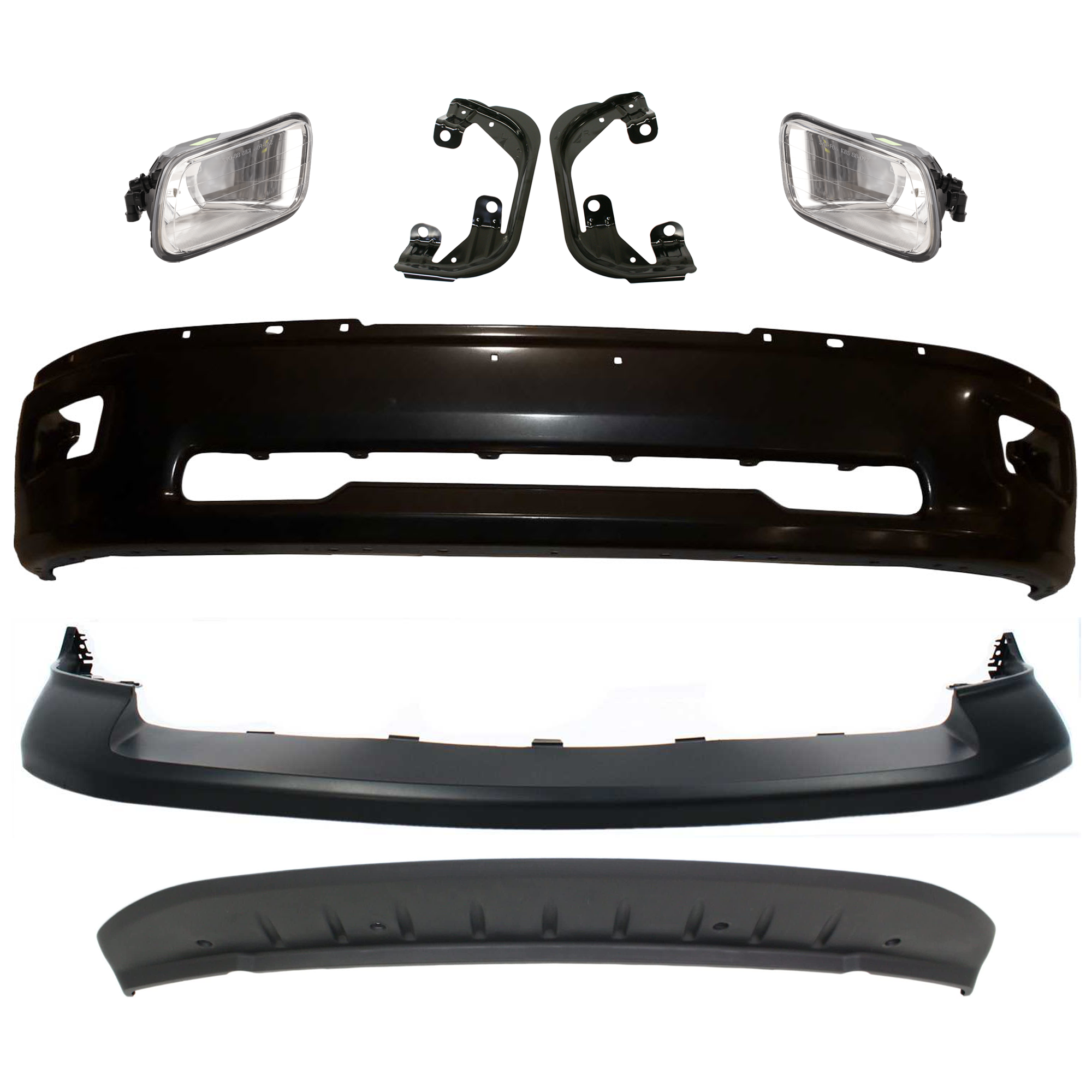 AM RAM 1500-09-12 FRONT BUMPER 7 pc kit w Bumper Cover Valance Fog Light and Fog Light Bracket SKU KIT 072924 C1255 Partslink CH1002384 CH1014101 CH1061100 CH1090133 OEM 68206067AA 55112609AA 1JL39TZZ