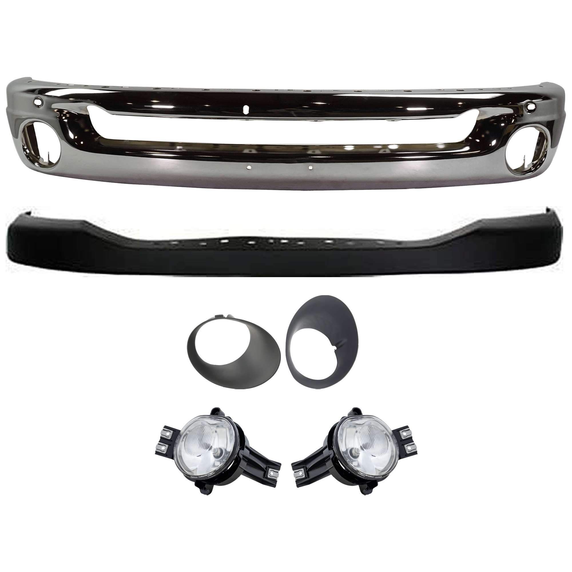 AM RAM 1500-06-08 RAM 2500-3500-06-09 FRONT BUMPER 6 pc kit w Bumper Cover Fog Light and Fog Light Trim SKU KIT 072924 C1256 Partslink CH1002383 CH1014100 CH2592121 CH2593121 CH2598101 CH2599101 OEM 55077946AB ZA17TZZAA 55077475A