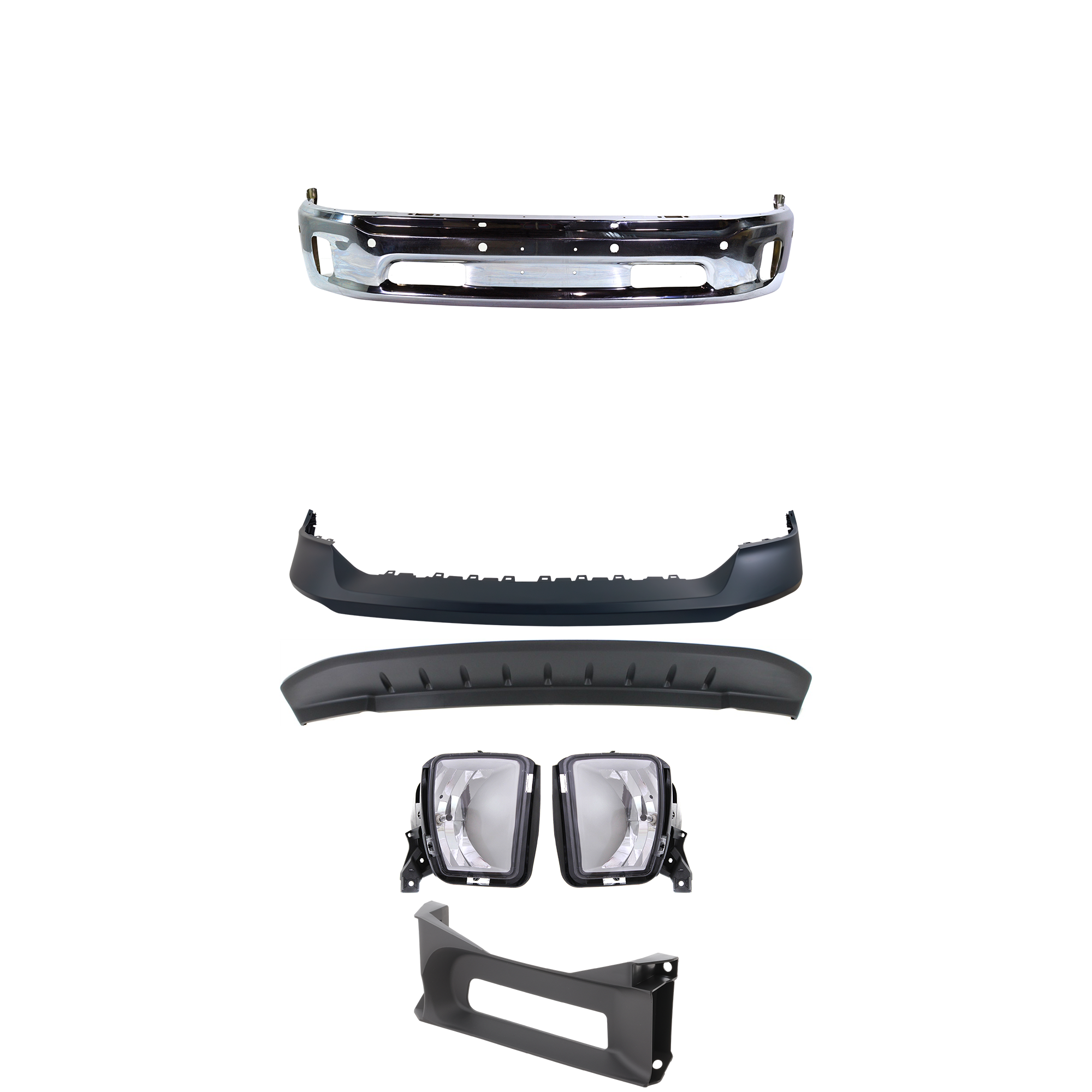 AM RAM 1500-14-18 FRONT BUMPER Lower Chrome 6 pc Kit with Bumper Cover and Trim Fog Lights and Valance Includes 19-22-1500 Classic SKU KIT 072924 C1259 Partslink CH1002402 CH1014108 CH1037113 CH2593147 CH2592147 CH1090147 OEM 68160857AA 68197697AA 68196982