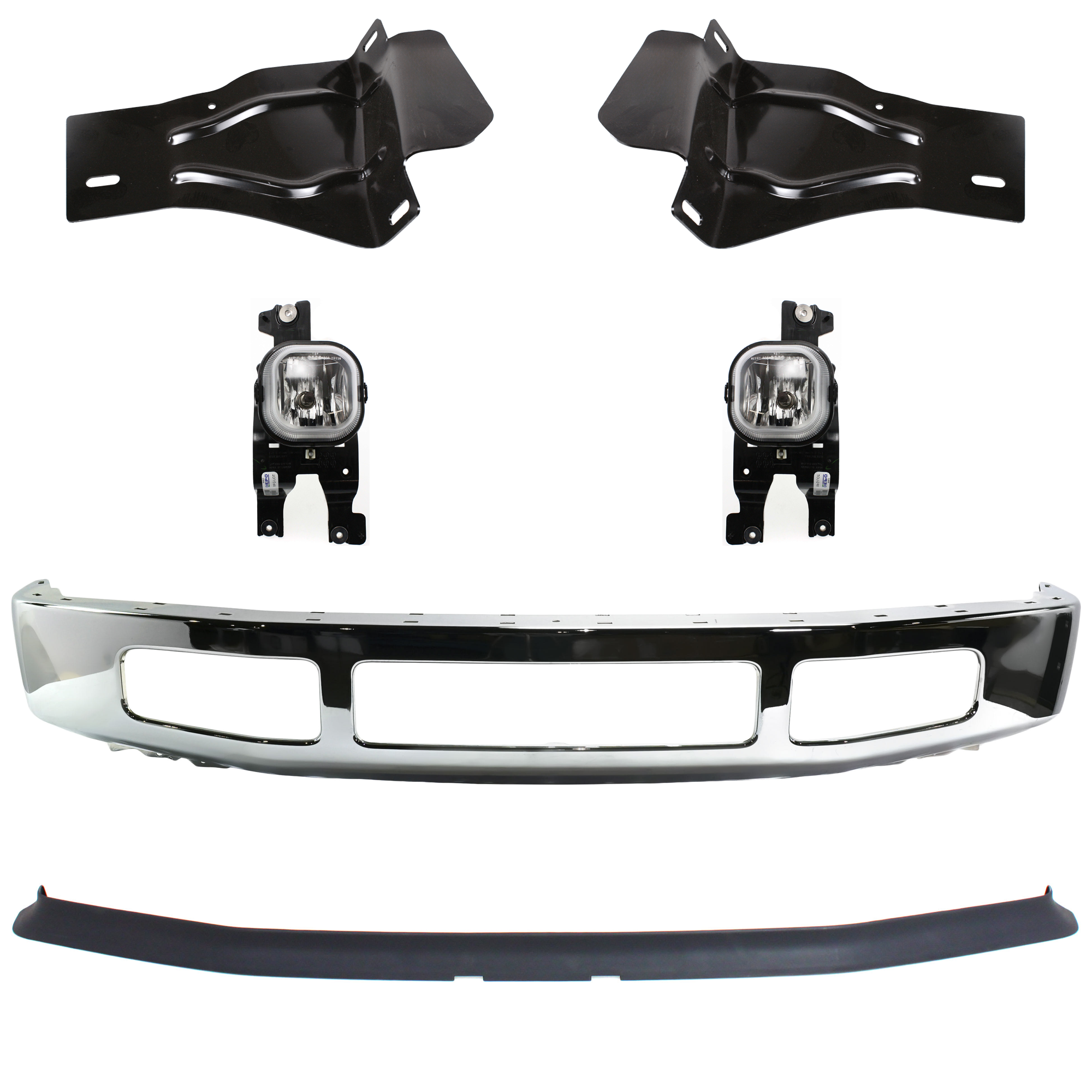 AM F 250 F 350 SUPER DUTY 08-10 FRONT BUMPER 6 pc kit w Valance Fog Light and Bumper Bracket SKU KIT 072924 C1264 Partslink FO1002406 FO1066174 FO1067174 FO1093114 OEM 8C3Z17757B 8C3Z17B837A 8C3Z17B