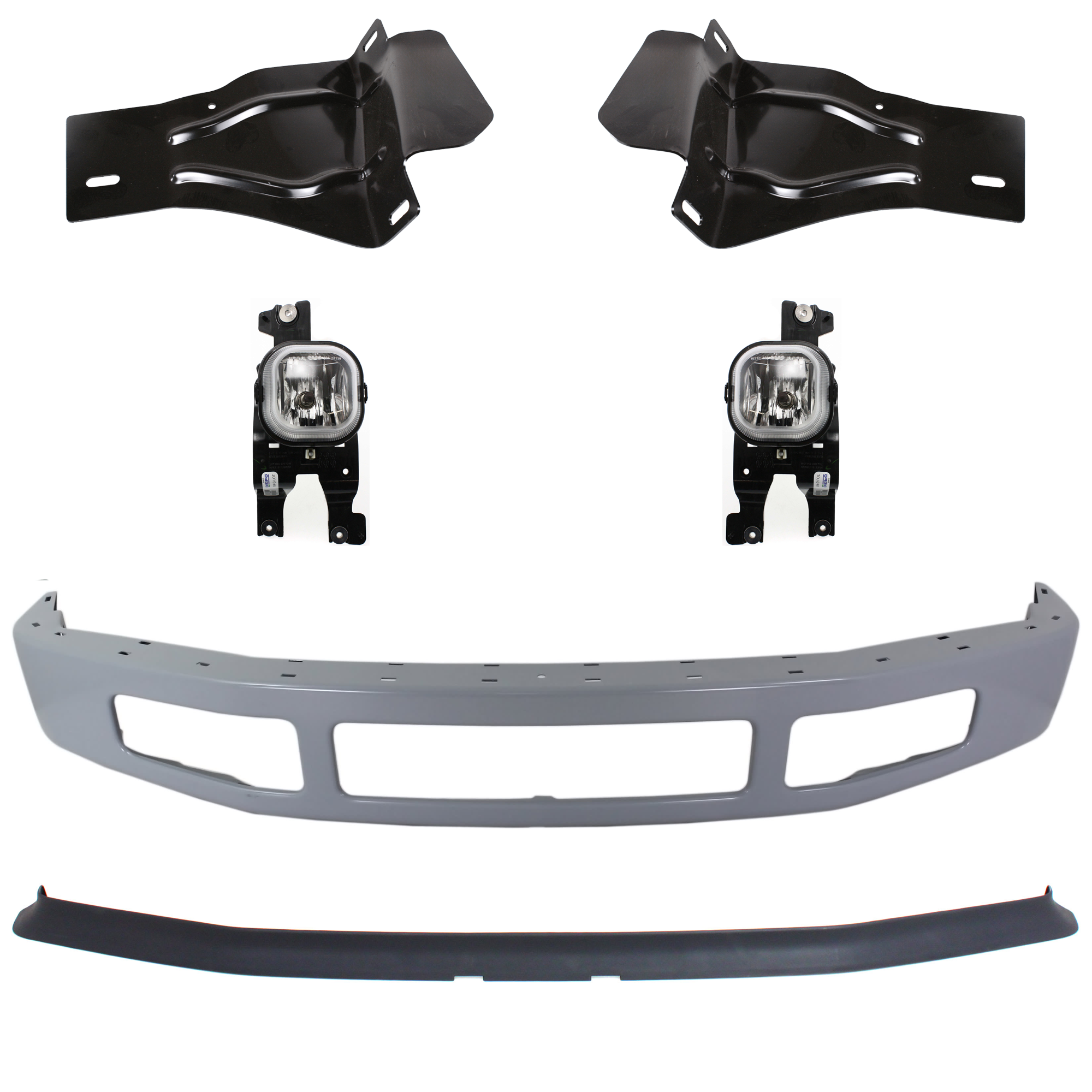 AM F 250 F 350 SUPER DUTY 08-10 FRONT BUMPER 6 pc kit w Valance Fog Light and Bumper Bracket SKU KIT 072924 C1265 Partslink FO1002403 FO1066174 FO1067174 FO1093114 OEM 8C3Z17757CPTM 8C3Z17B837A 8C3Z