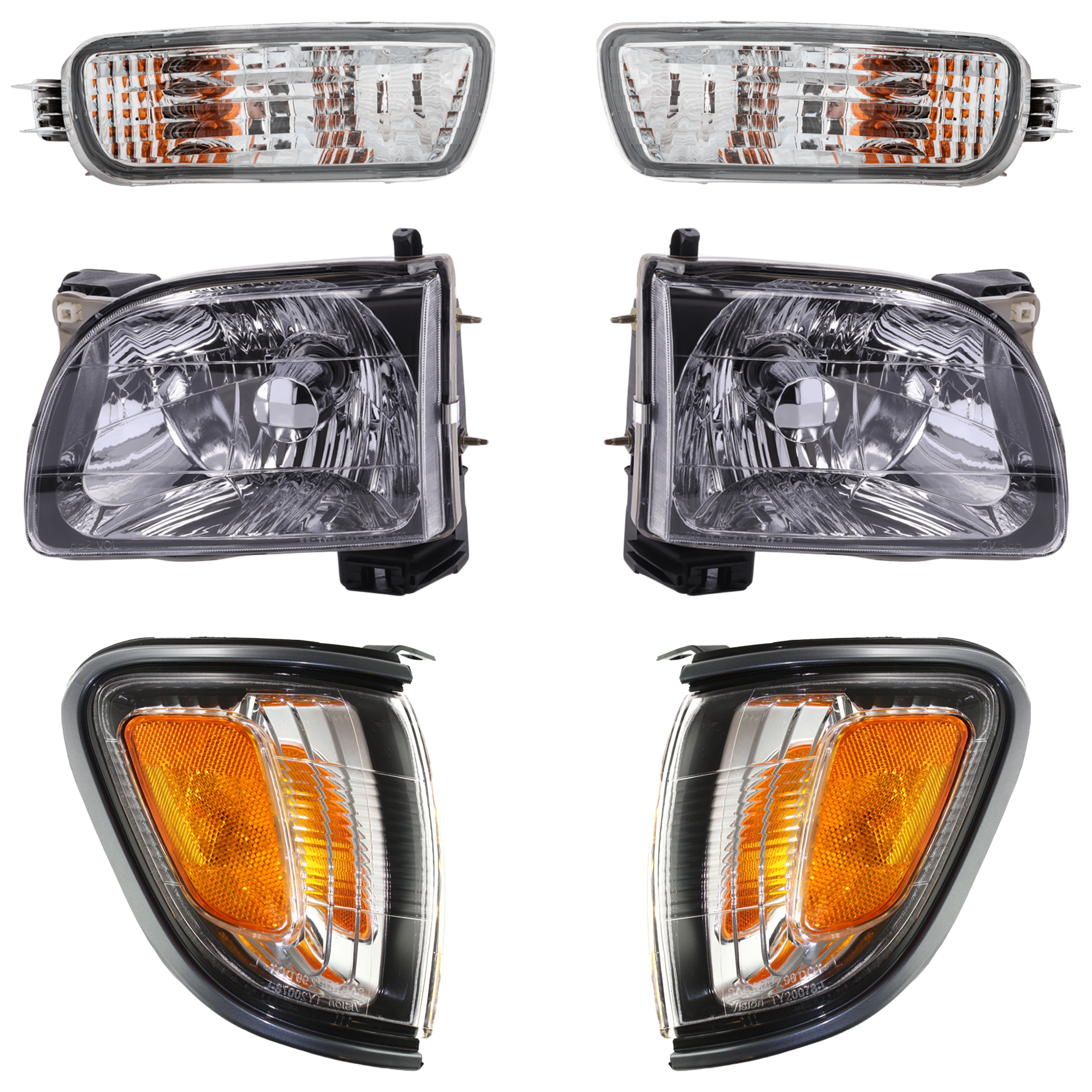AM TACOMA 01-04 HEAD LAMP RH AND LH 6 pc Kit with Corner Light and Turn Signal Light SKU KIT 072924 C1282 Partslink TO2502136 TO2503136 TO2520160 TO2521160 TO2530140 TO2531140 OEM 8111004110-8115004110-81620040