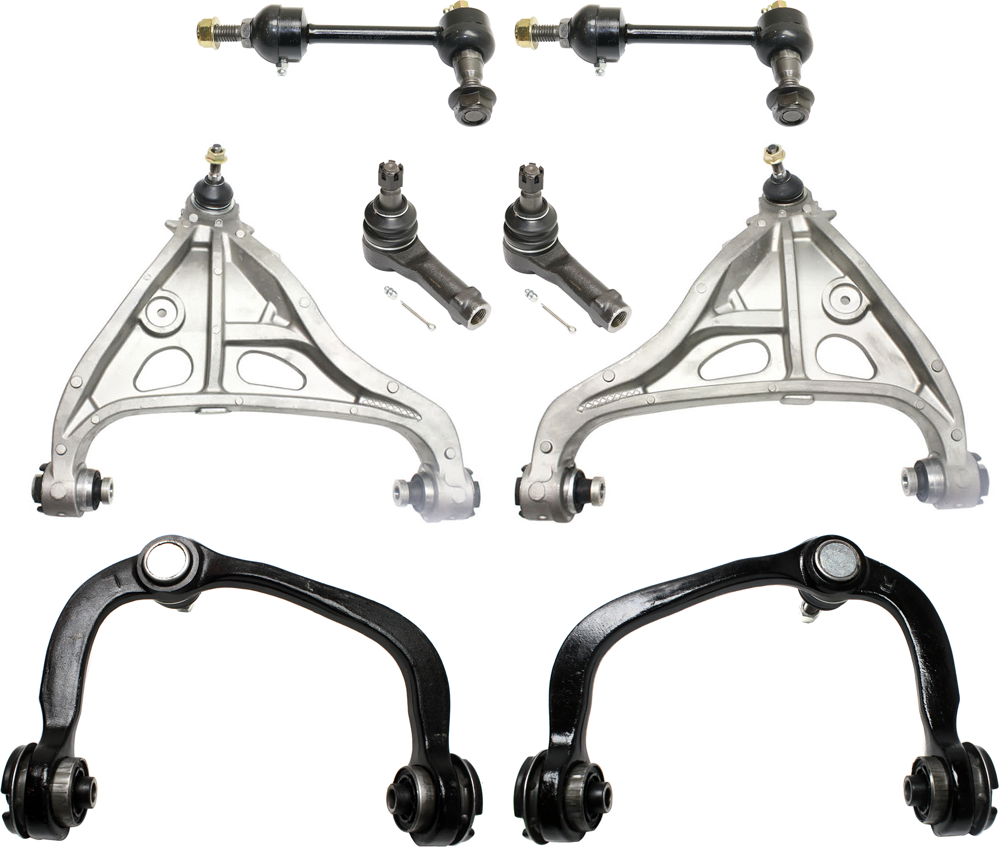 AM F 150-04-05 FRONT CONTROL ARM RH AND LH Upper and Lower 8 pc kit w Sway Bar Link and Tie Rod End SKU KIT 072924 C1331 OEM 4L3Z3084AB 6L3Z3084AR 7L1Z3084