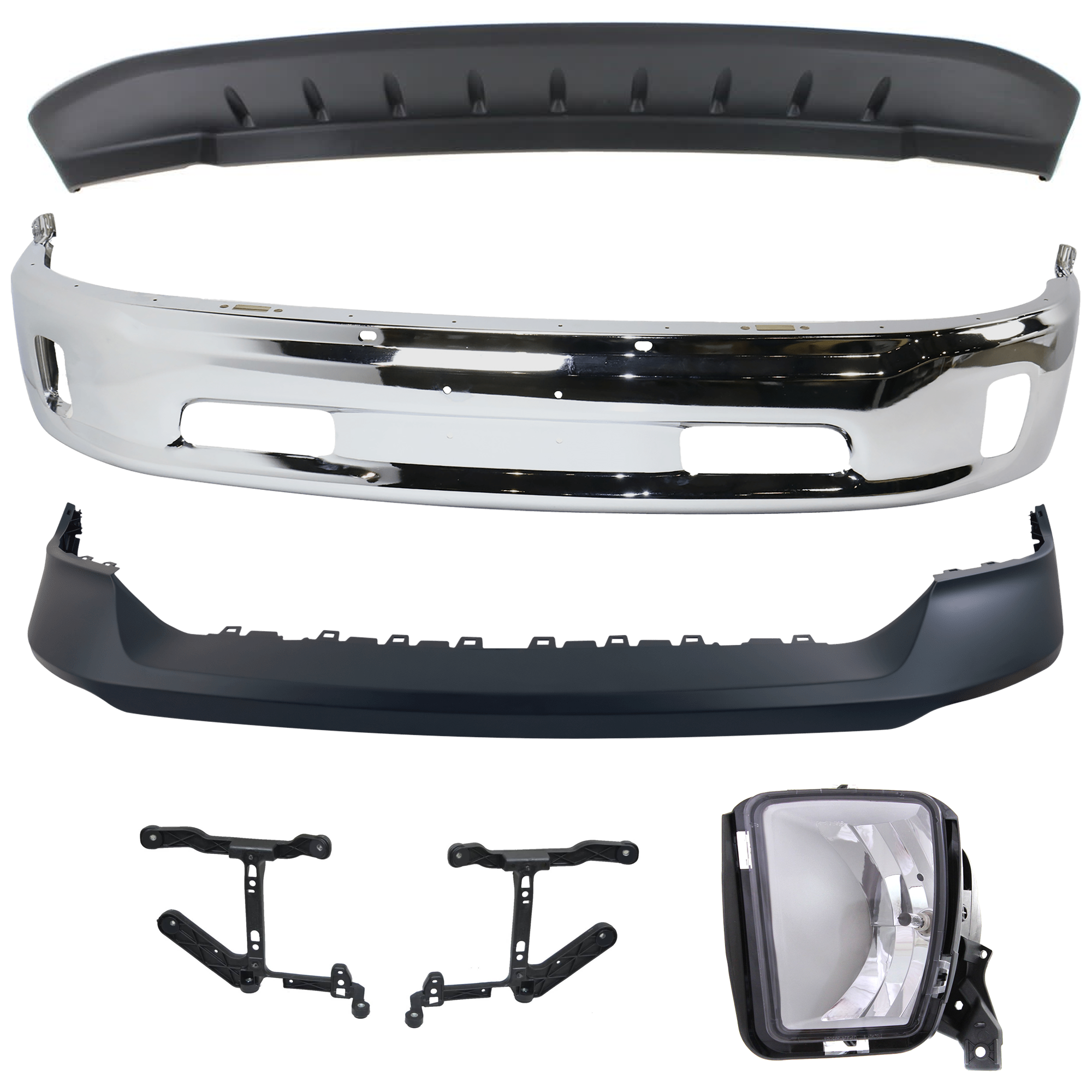 AM RAM 1500-13-18 FRONT BUMPER Lower Chrome 7 pc Kit with Bumper Bracket and Cover Fog Light and Valance Includes 19-23-1500 Classic SKU KIT 072924 C136 Partslink CH1002396 CH1061108 CH1014108 CH2593147 CH2592147 CH1090147 OEM 68160853AB 68232454AA 68197697