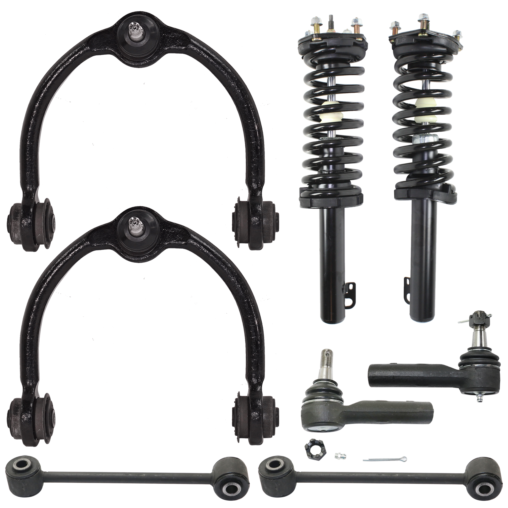 AM COMMANDER GRAND CHEROKEE 06-10 FRONT FULLY LOADED STRUT RH AND LH 8 pc kit with Control Arms Sway Bar Links and Tie Rod Ends SKU KIT 072924 C1537 OEM 11211-815361-92140147-27015118