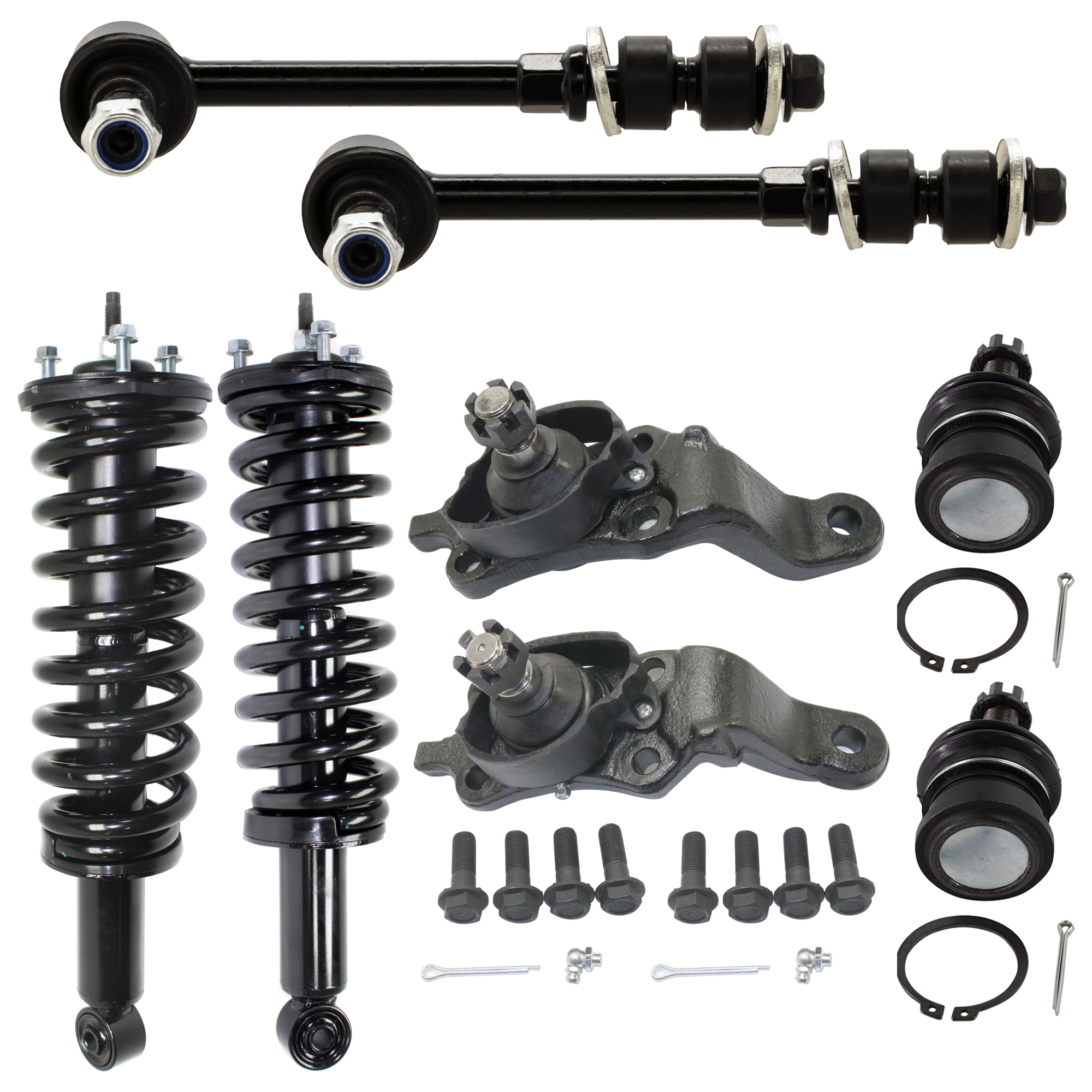 AM TUNDRA 04-06 FRONT FULLY LOADED STRUT RH AND LH 8 pc kit with Ball Joints and Sway Bar Links SKU KIT 072924 C1542 OEM 4851009750-48510A9550-48510A