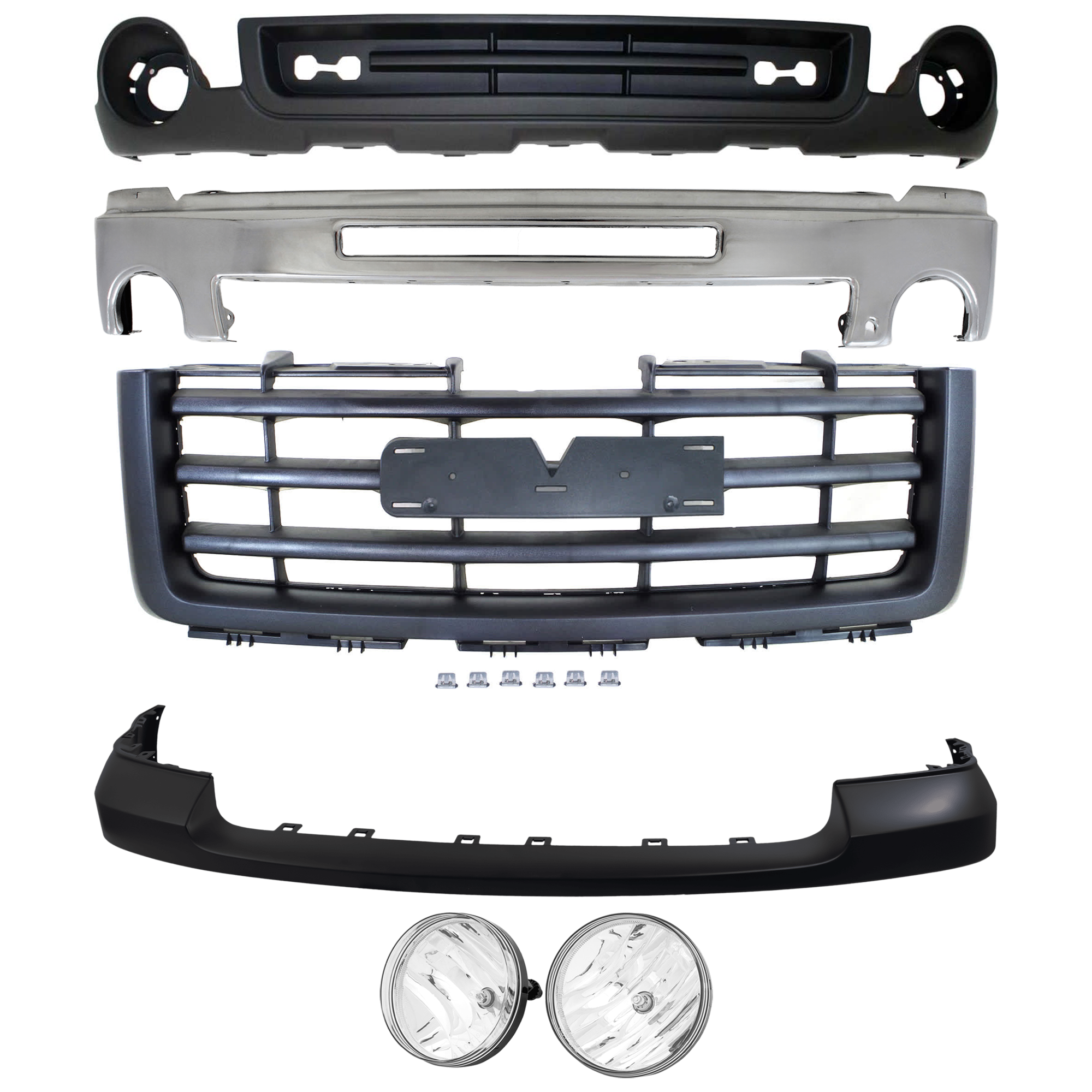 AM SIERRA 1500 FRONT BUMPER 6 pc kit w Grille Assembly Bumper Cover Fog Light and Valance SKU KIT 072924 C1622 Partslink GM1002834 GM1014103 GM2593161 GM2592161 GM1200583 GM1015100 OEM 15902856-25783617-25866496-258
