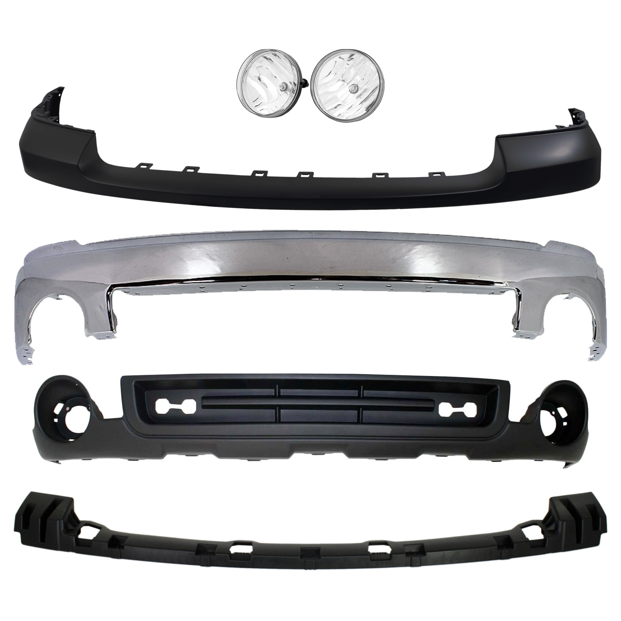 AM SIERRA 1500-07-13 FRONT BUMPER 6 pc kit w Bumper Cover Fog Light Bumper Bracket and Valance SKU KIT 072924 C1623 Partslink GM1002833 GM1065108 GM1014103 GM2593161 GM2592161 GM1015100 OEM 15901505-15246822-25783617-258