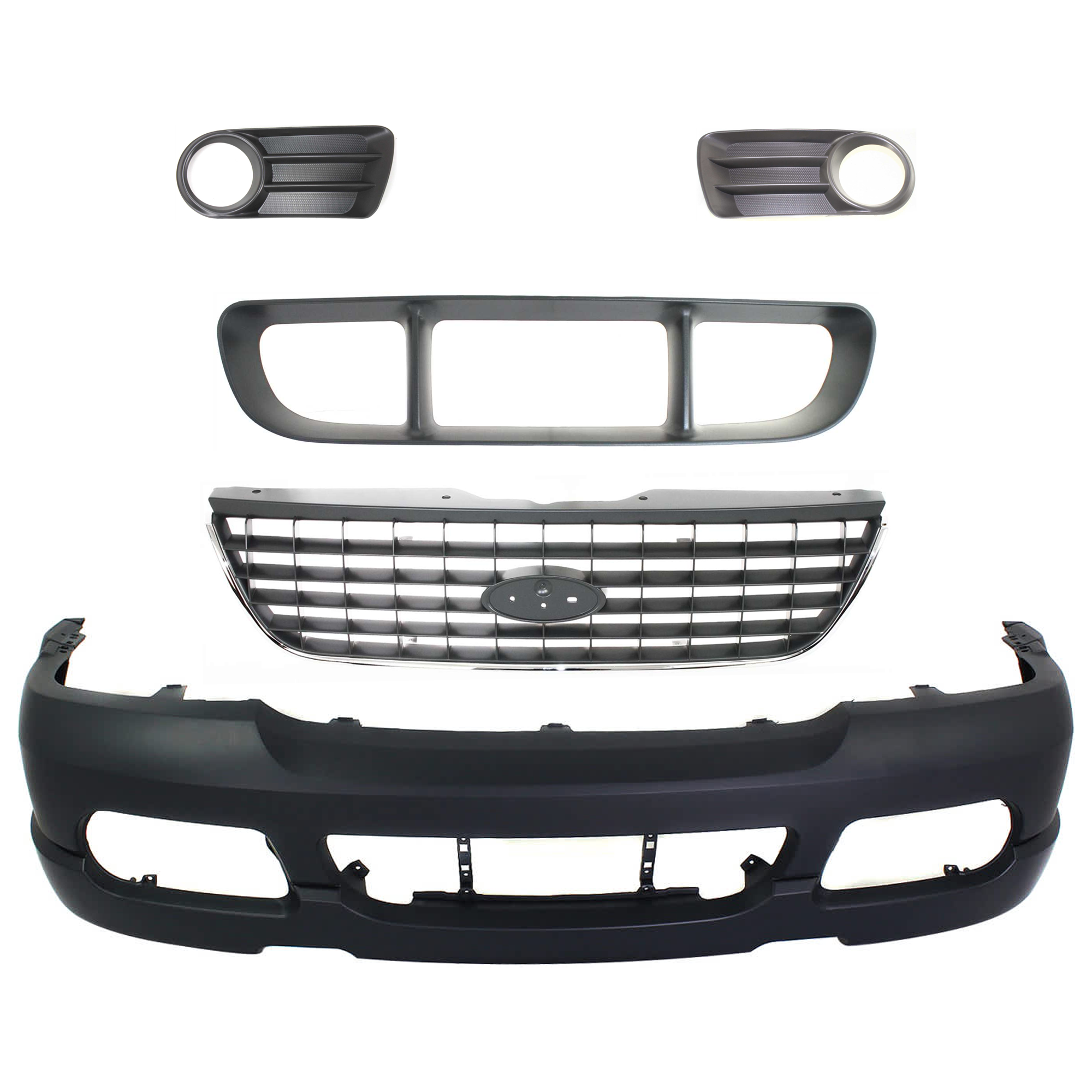 AM EXPLORER 02-05 FRONT BUMPER COVER Primed 5 pc Kit with Bumper Grille Fog Light Trim and Grille Assembly SKU KIT 072924 C1637 Partslink FO1000496 FO1036107 FO1036106 FO1036105 FO1200396 OEM 2L2Z17D957SAPTM 1L2Z17K945AAA