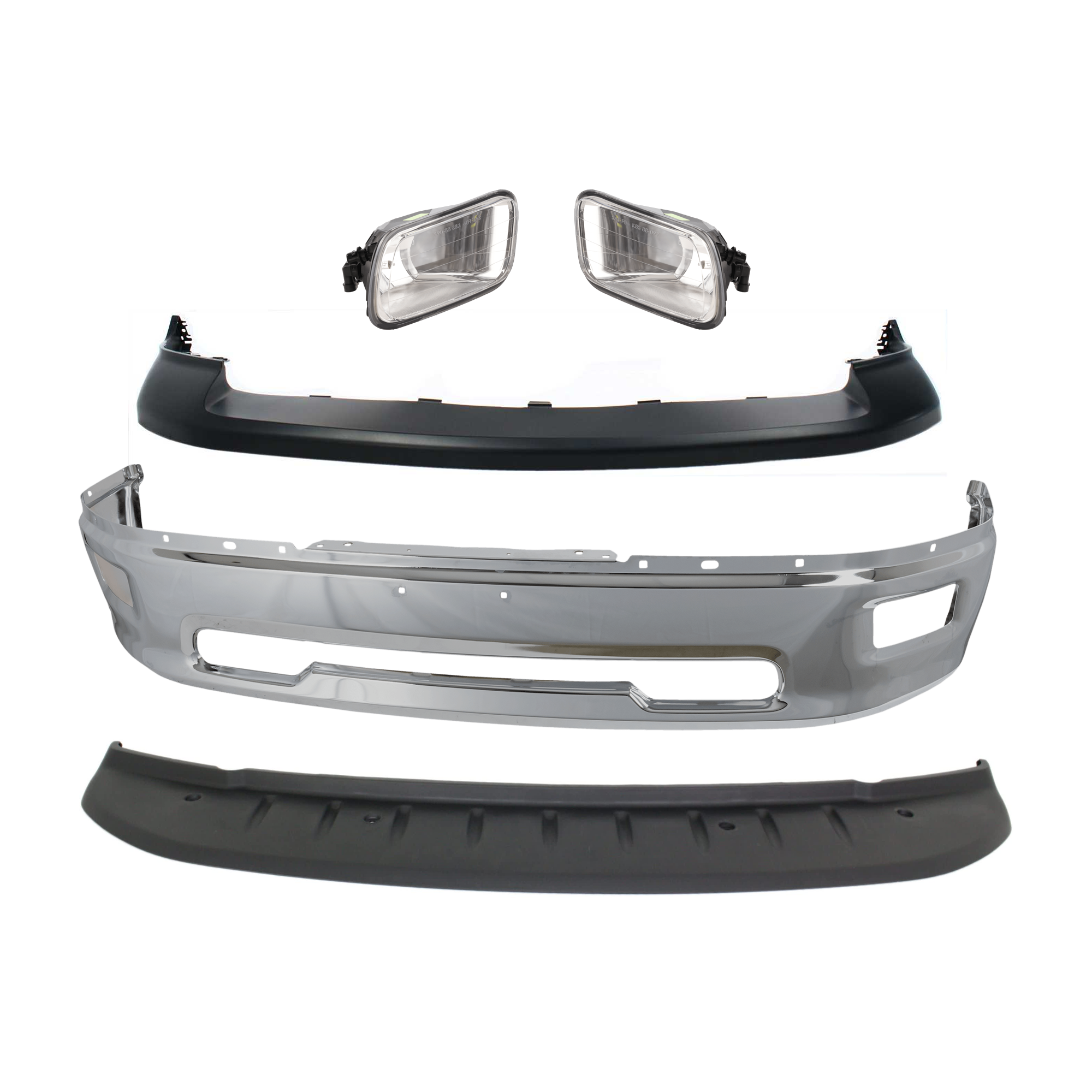 AM RAM 1500-09-12 FRONT BUMPER 5 pc kit w Bumper Cover Valance and Fog Light SKU KIT 072924 C1645 Partslink CH1002386 CH1014101 CH1090133 OEM 55112609AA 68206067AA 1JL39TZZ