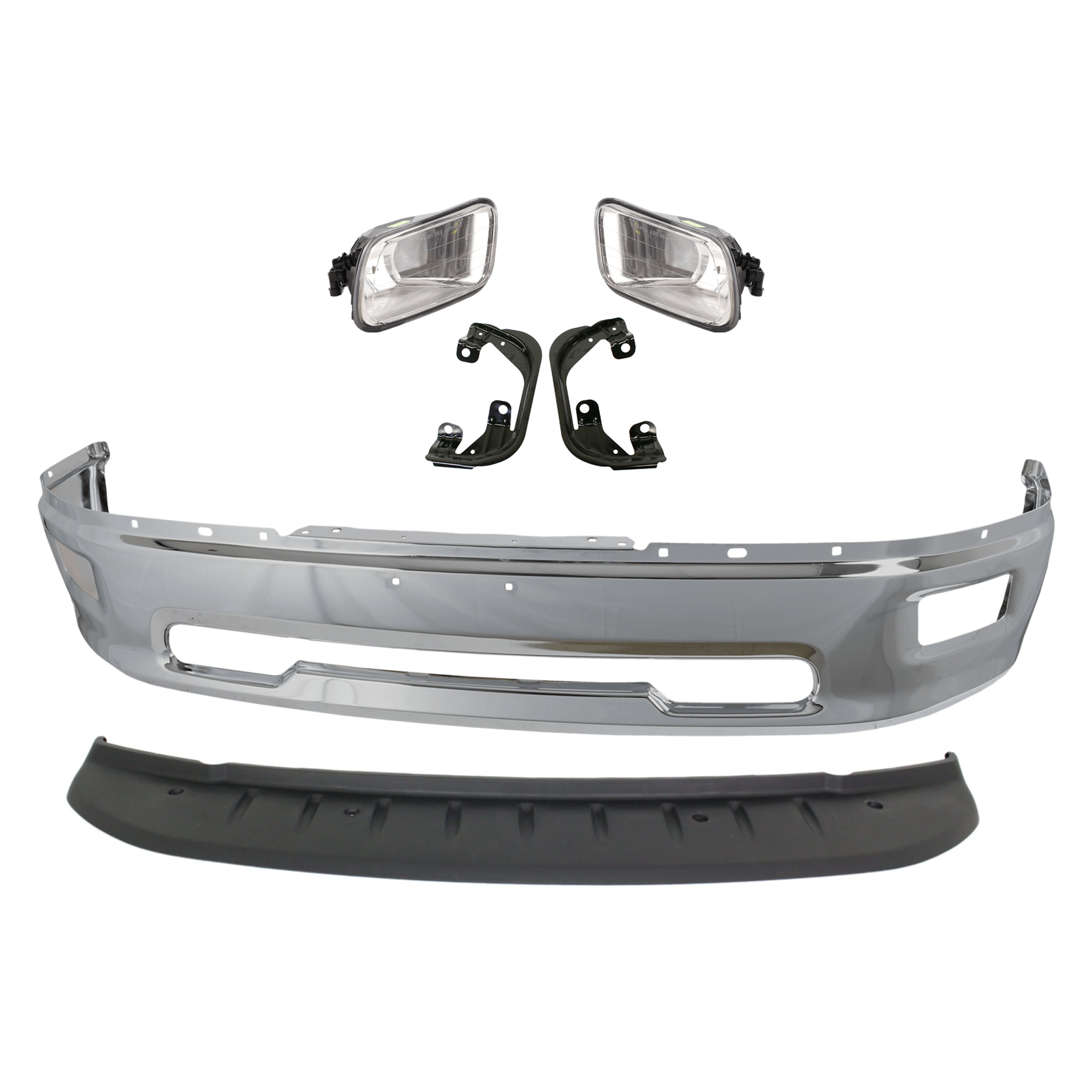 AM RAM 1500-09-12 FRONT BUMPER 6 pc kit w Valance Fog Light and Fog Light Bracket SKU KIT 072924 C1646 Partslink CH1002386 CH1061100 CH1090133 OEM 55112609AA 68206067AA 55372735