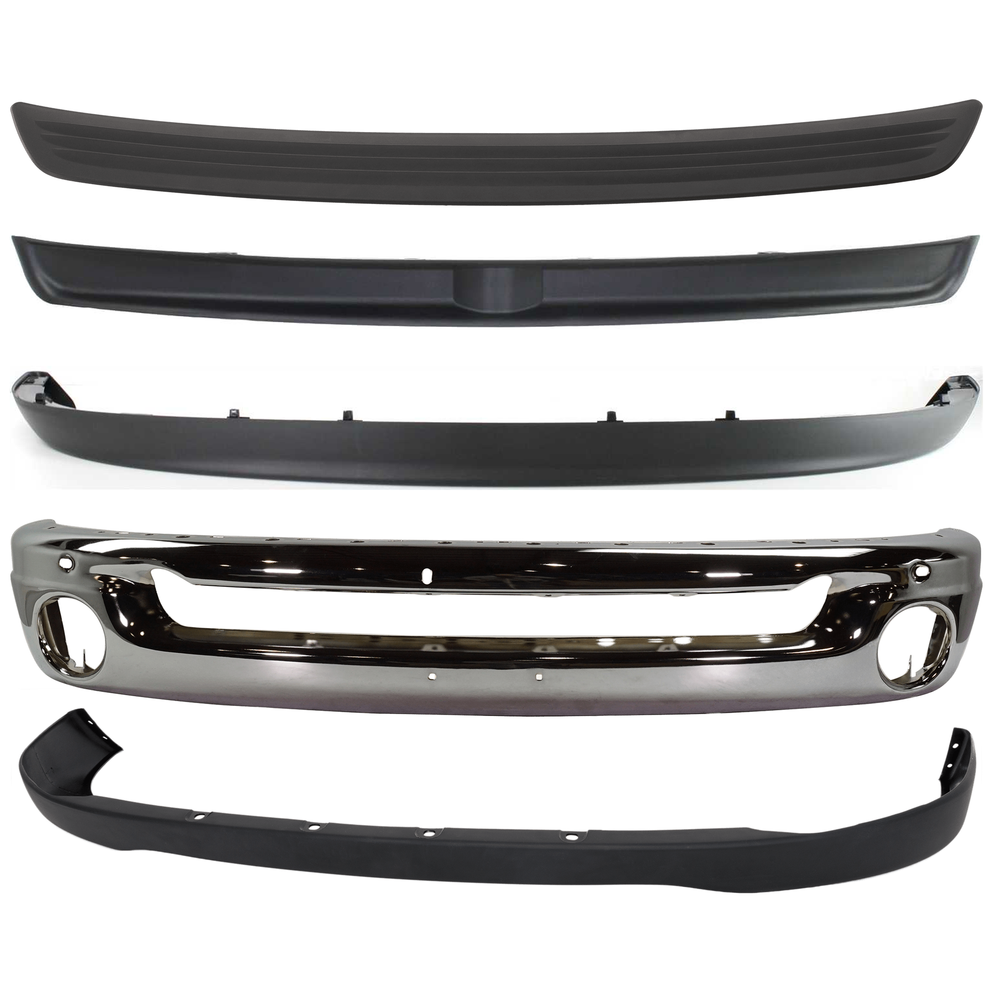 AM RAM 1500-06-08 RAM 2500-3500-06-09 FRONT BUMPER 5 pc kit w Valance Bumper Cover and Bumper Trim SKU KIT 072924 C1648 Partslink CH1002383 CH1000880 CH1019103 CH1091101 CH1090125 OEM 55077946AB 55077762AA 55077763