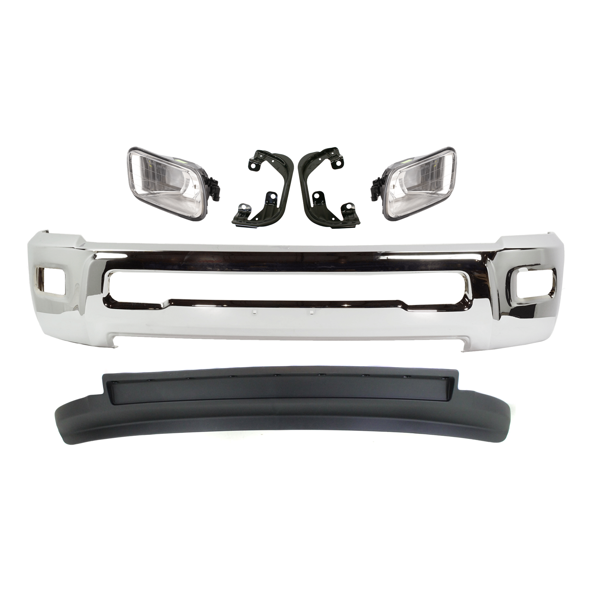 AM RAM 2500-3500-10-10 FRONT BUMPER 6 pc kit w Valance Fog Light and Fog Light Bracket SKU KIT 072924 C1649 Partslink CH1002390 CH1061100 CH1090141 OEM 68045698AB 55372735AB PFM 5537