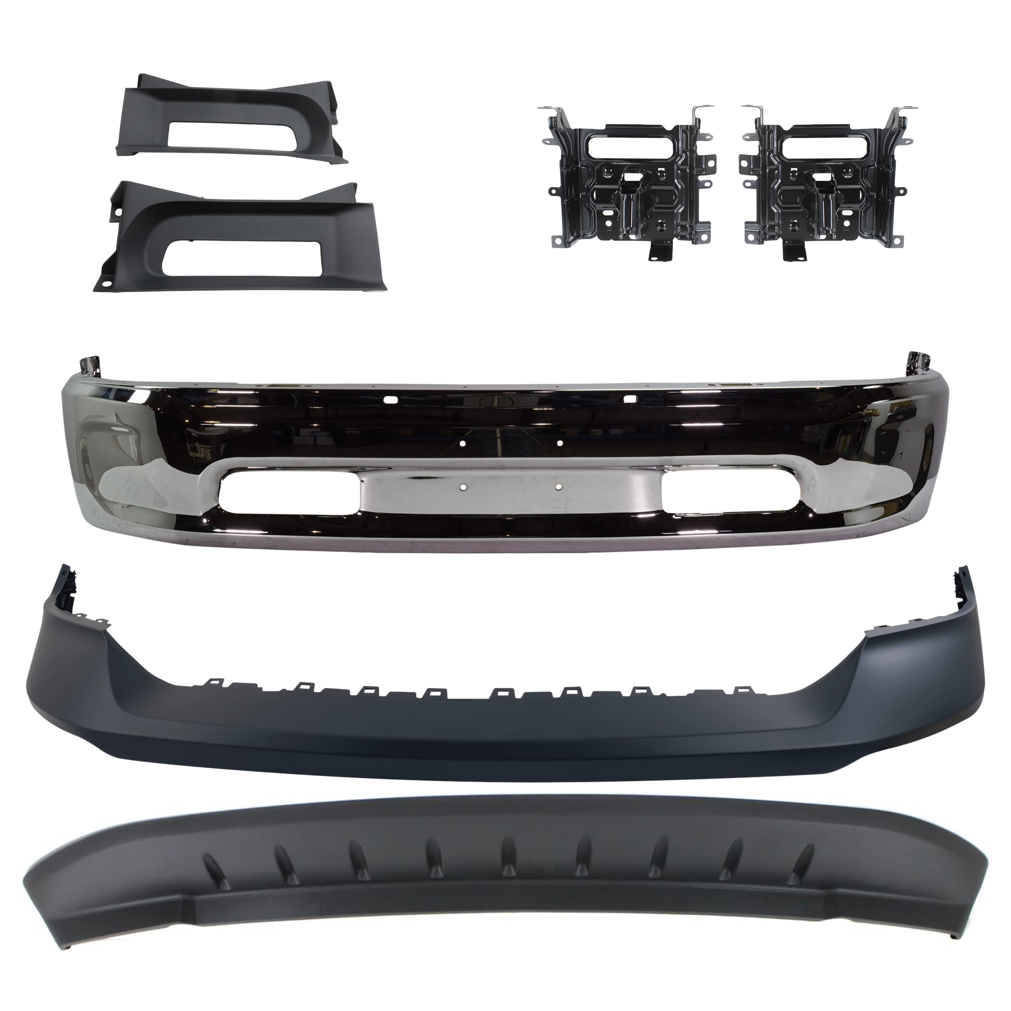 AM RAM 1500-13-18 FRONT BUMPER Lower Chrome 7 pc Kit with Bumper Bracket and Cover Bumper Trim and Valance Includes 19-23-1500 Classic SKU KIT 072924 C1650 Partslink CH1002397 CH1061104 CH1014108 CH1037113 CH1090147 OEM 68160855AC 68232485AA 68197697