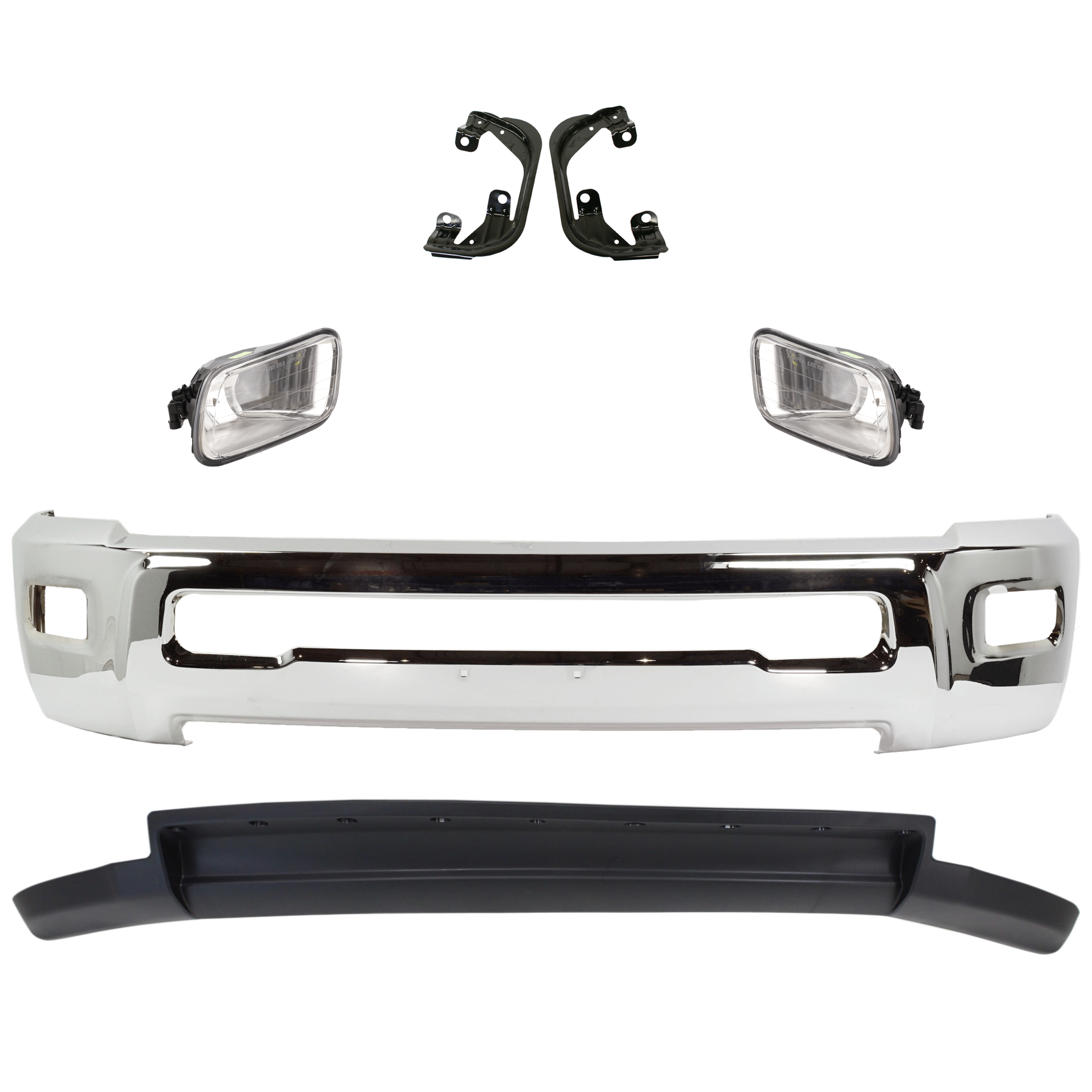 AM RAM 2500-3500-10-10 FRONT BUMPER 6 pc kit w Fog Light Valance and Fog Light Bracket SKU KIT 072924 C1651 Partslink CH1002390 CH1061100 CH1090140 OEM 68045698AB 55372735AB PFM 5537