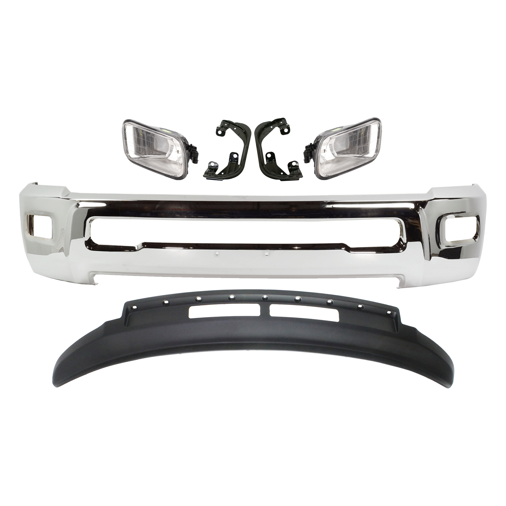 AM RAM 2500-3500-13-18 FRONT BUMPER 6 pc kit w Valance Fog Light and Fog Light Bracket SKU KIT 072924 C1652 Partslink CH1002390 CH1061100 CH1090149 OEM 68045698AB 55372735AB PFM 5537