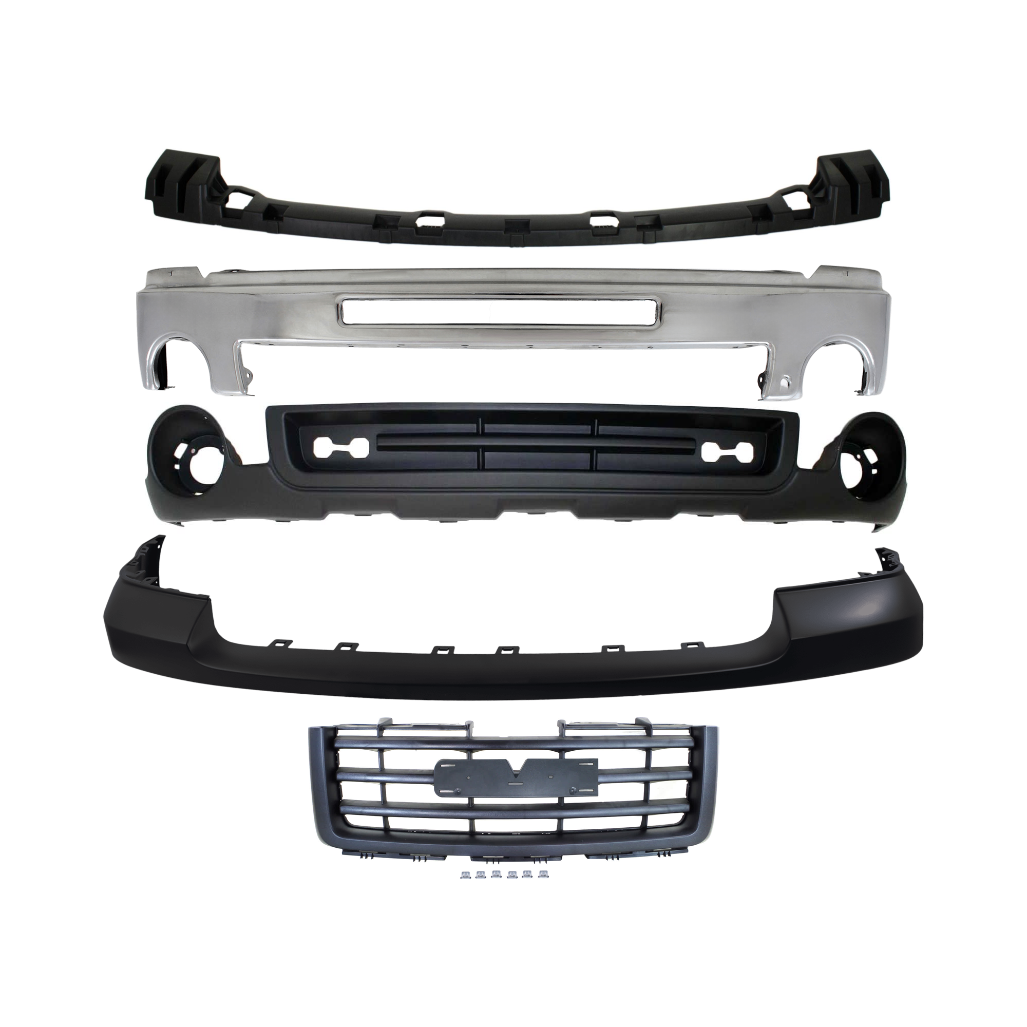 AM SIERRA 1500-07-13 FRONT BUMPER 5 pc kit w Grille Assembly Bumper Cover Bumper Bracket and Valance SKU KIT 072924 C1663 Partslink GM1002834 GM1065108 GM1014103 GM1200583 GM1015100 OEM 15902856-15246822-25783617-227